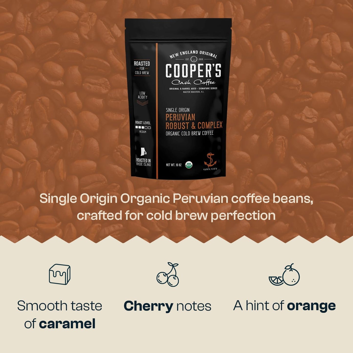 Peruvian Organic Cold Brew Coffee, Single Origin & Gourmet Beans, Tasting Notes Of Caramel With A Touch of Cherry & Orange, Medium Roast Coarse Ground Beans, 1 lb Coffee Bag