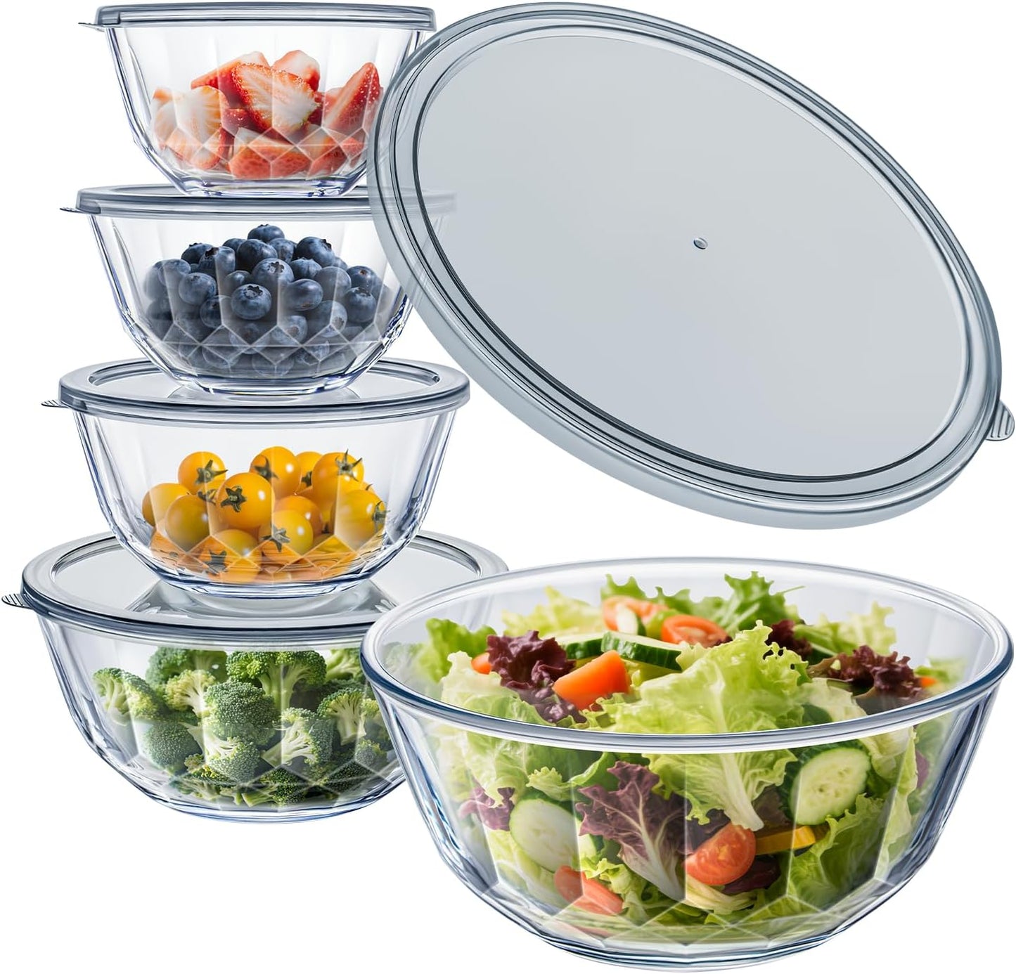 WhiteRhino Glass Mixing Bowls with Lids Set of 5（4.70QT,2.85QT, 1.69QT,1.11QT,0.85QT,Glass Bowls with Lids,Large Salad Bowls Space-Saving Nesting for Cooking,Baking,Prepping,Dishwasher Safe