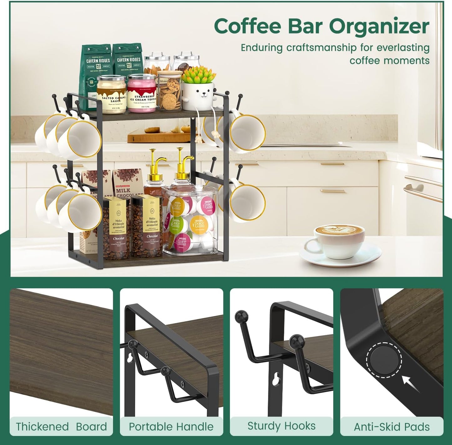 EsLuker.ly Coffee Station Bar Organizer Mug Holder Stand Countertop, 2 Tier Mug Cup Tree Rack for Kitchen Office, Storage Shelf with 12 Hooks, Creat Stylish Coffee Corner, Brown-Black