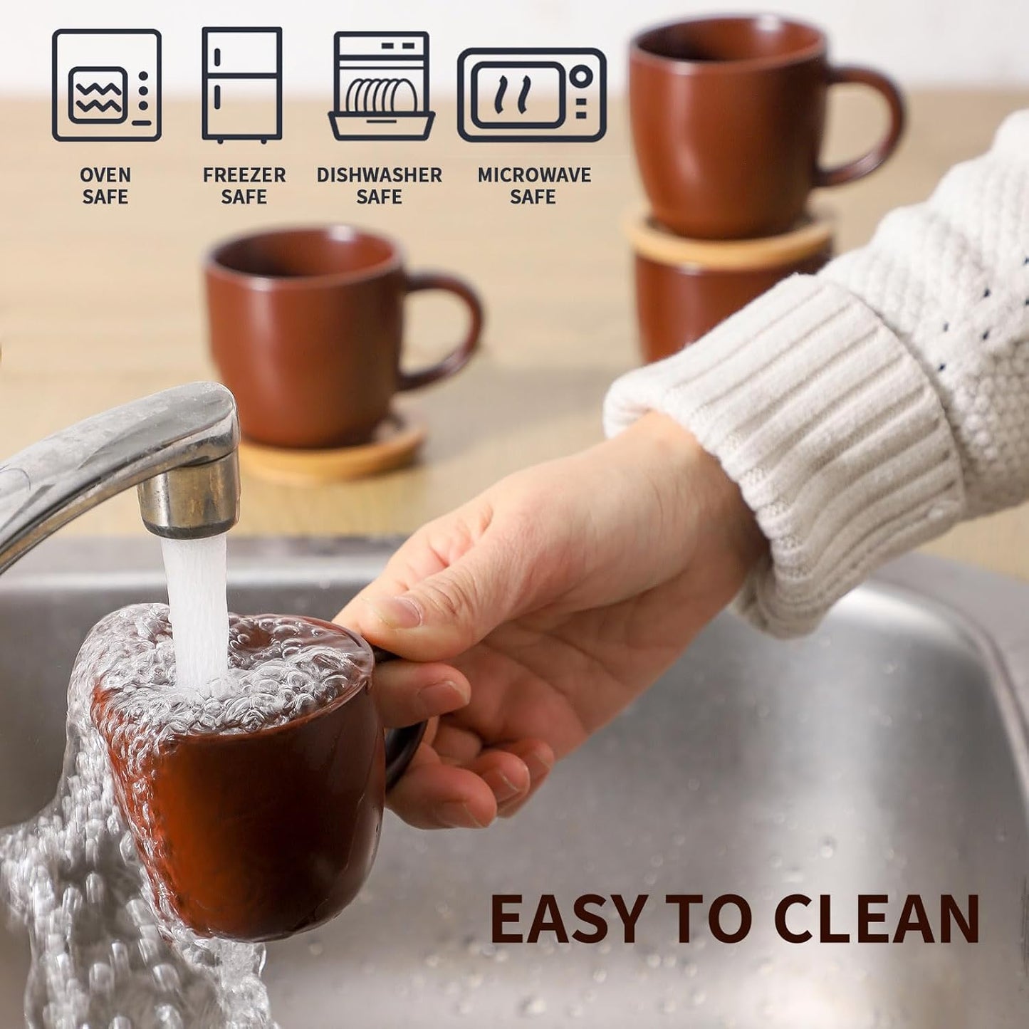 Hasense Stackable Porcelain Mini Espresso Cups and Saucers Set of 6, 4 OZ Ceramic Small Demitasse Espresso Shots Cups with Lids for Nespresso Lungo, Latte, Cafe Mocha and Tea, Brown