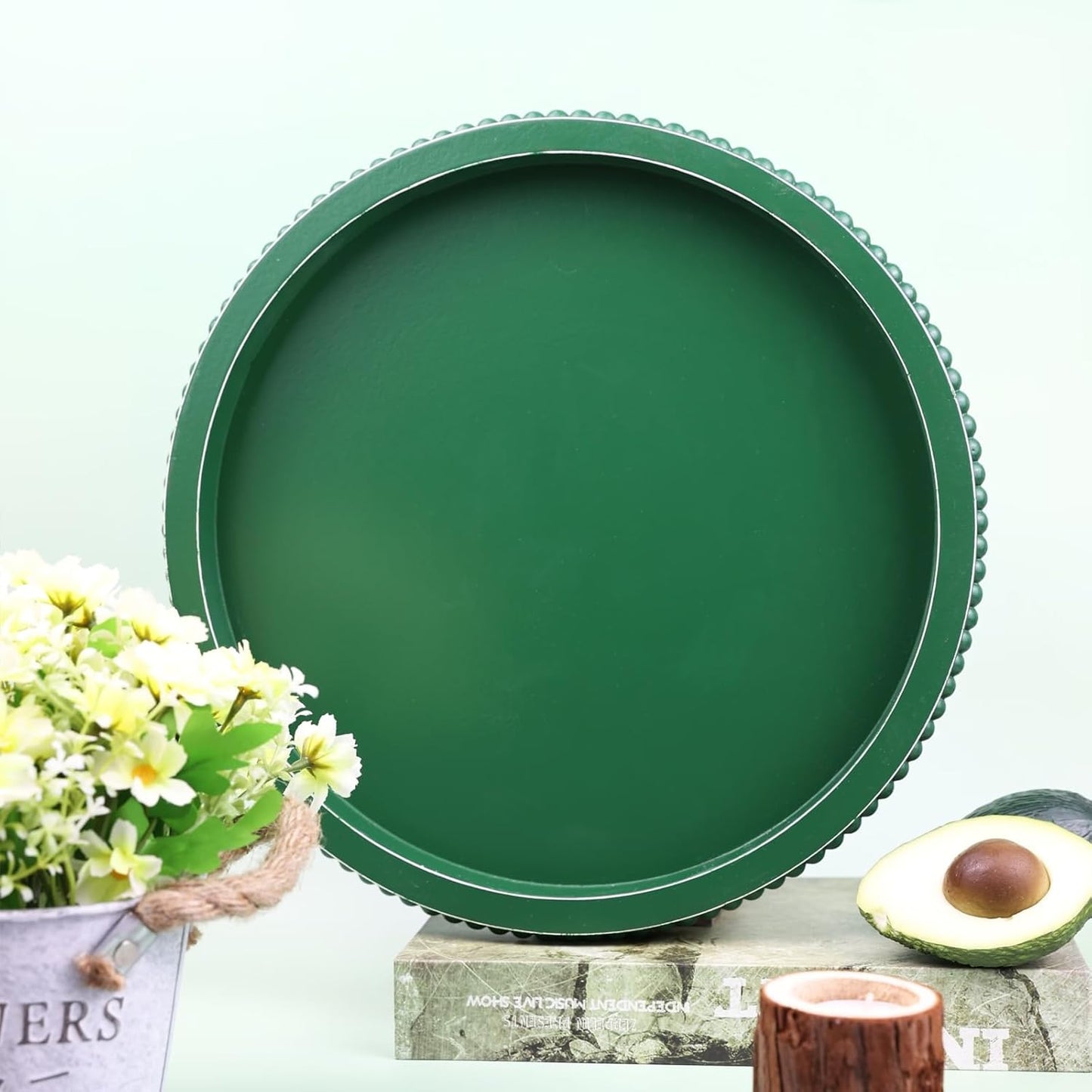 Green Round Wood Decorative Ottoman Tray for Coffee Table Kitchen Counter, Living Room, Handcrafted Green Wooden Serving Tray for Table Centerpiece
