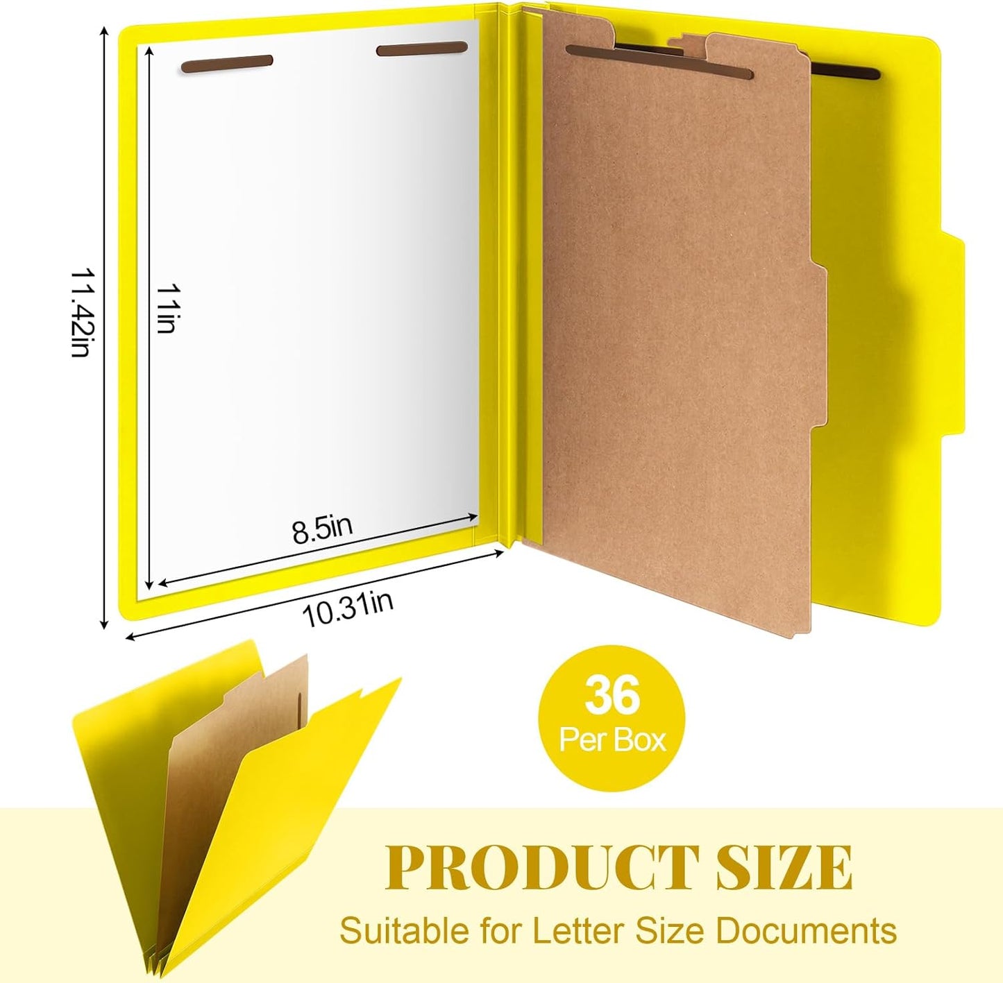 36 Pcs Classification Folders Letter Size, Back to School Supply for Teacher, Student, 1 Divider Pressboard File Folder Bulk with 2 Fasteners, 3.5 Inch Expanding File Organizer (Yellow)