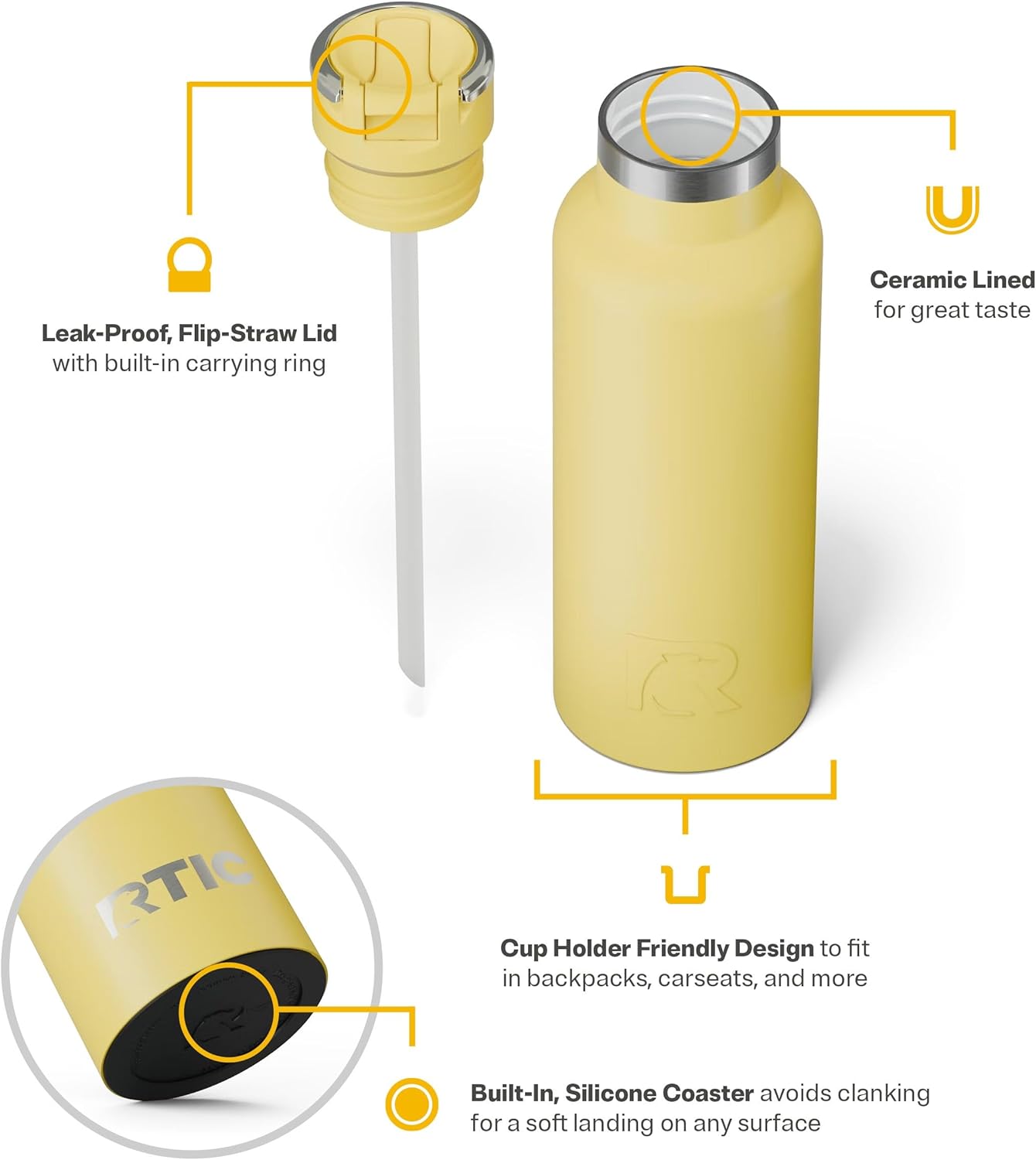 RTIC 16oz Journey Bottle Metal Stainless Steel Vacuum Insulated, BPA Free, Reusable, for Water, Hot and Cold Drinks, Travel, Sports, Camping, Sunlight