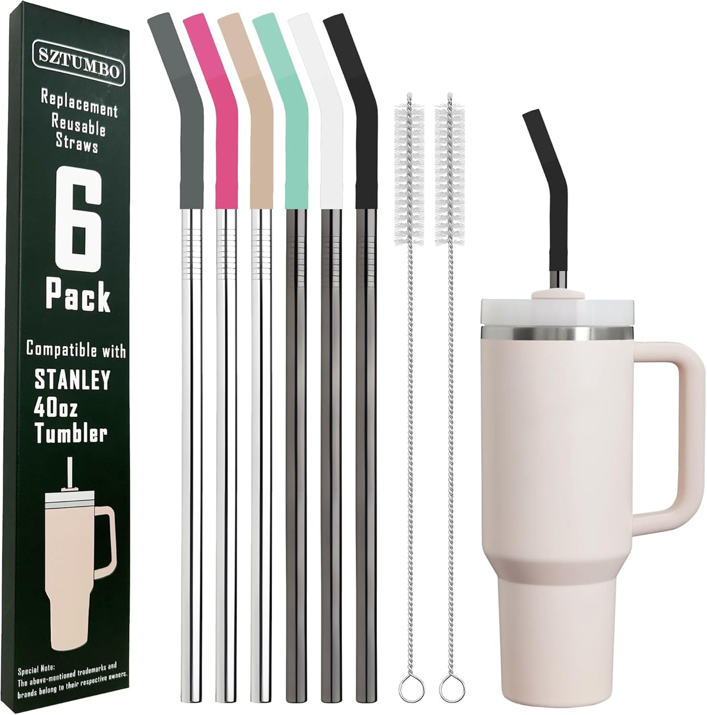 6 Pack 12 Inch Metal Stainless Steel Reusable Straight Straw,with 6Silicone Tips and 2Cleaning Brush,for 40oz Stanley, Hydrapeak, Owala Tumbler,Simple Modern 32 40oz Tumbler(8mm 3S3B)