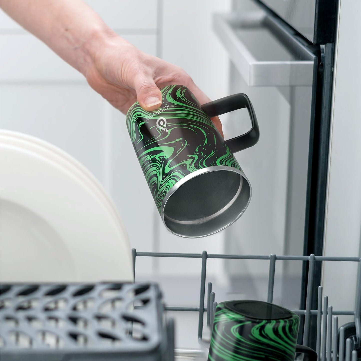 Ideus Vacuum Insulated Coffee Mug, 16oz Reusable Stainless Steel Thermal Double Walled cup with Handle and Slider Lid for Hot & Cold Beverages, BPA Free (Green Zebra)