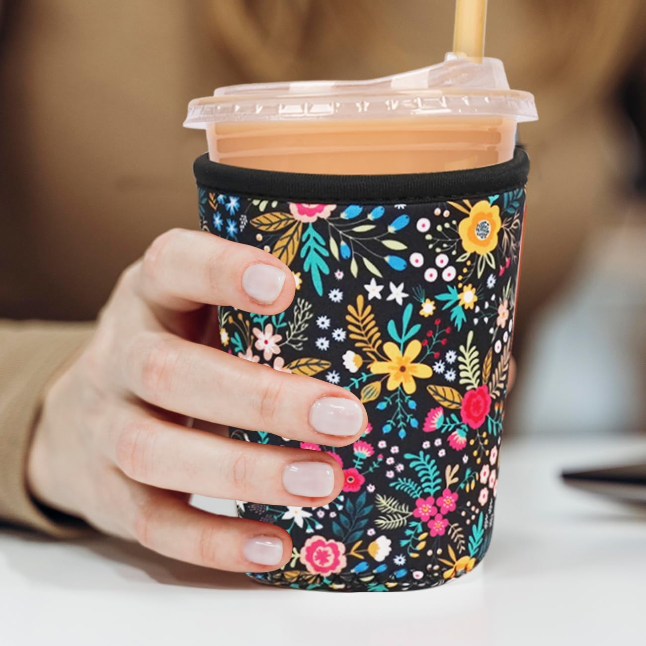 Reusable Insulated Neoprene Iced Coffee Cup Sleeve, Durable Drink Sleeve for Cold Beverages, Beverage Holder for Iced Coffee, Lush Blossom