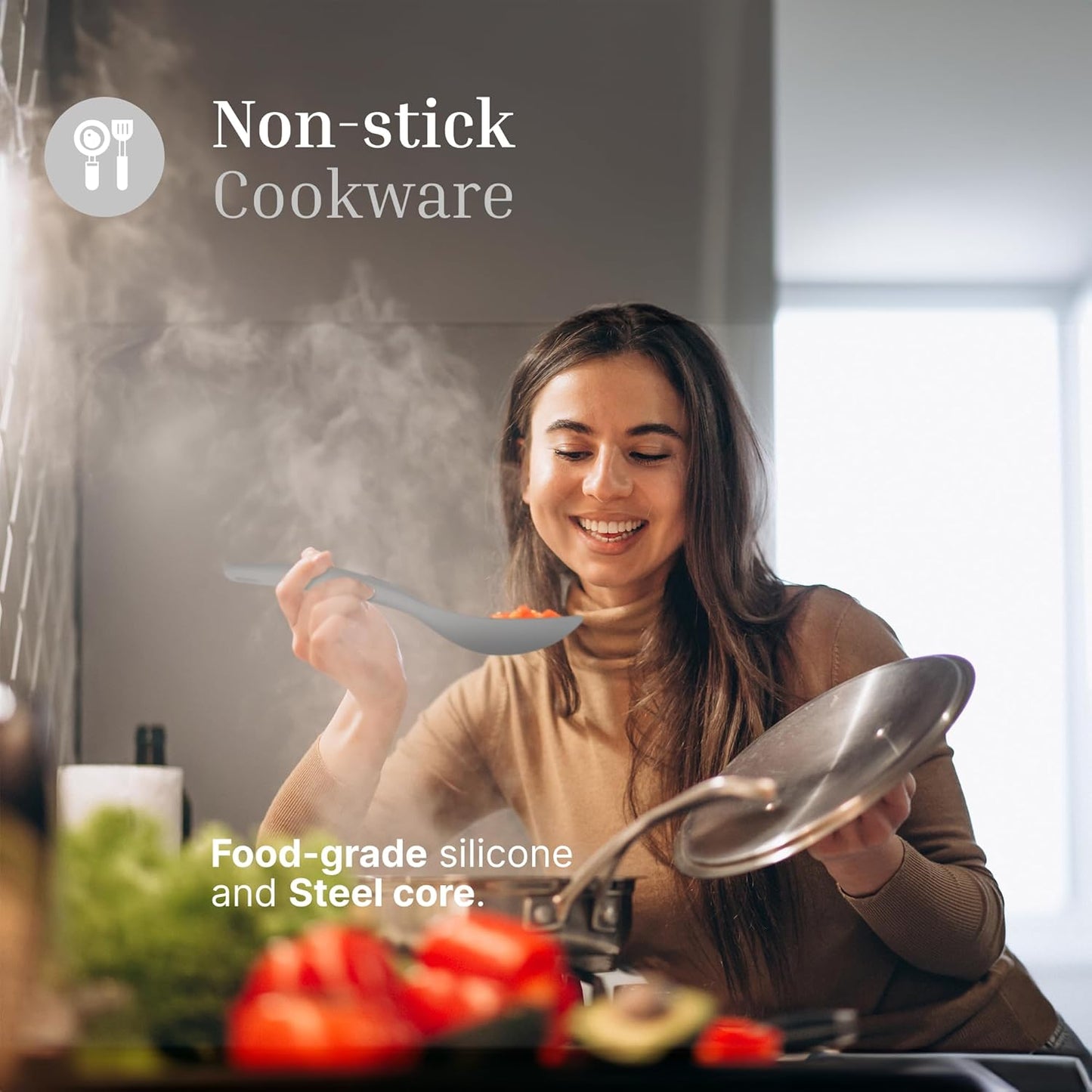 Silicone Rice Paddle Set – 2-Piece Set of Spoon Spatulas for Non-Stick Cookware – Kitchen Tools and Accessories with Comfortable Handles, Heat-Resistant Utensils for Cooking and Baking – Grey