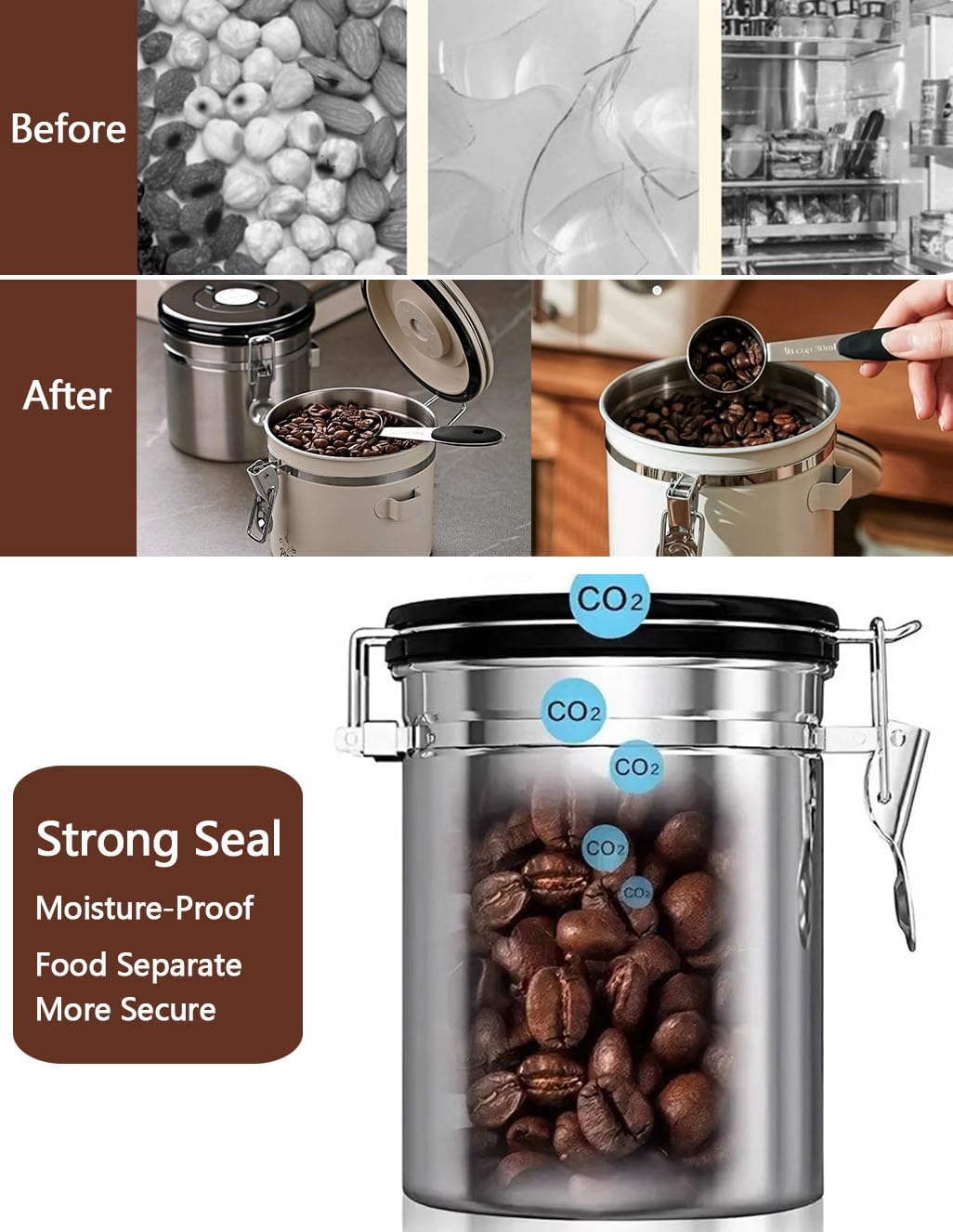 Coffee Canister Airtight Storage Container 1.8L Stainless Steel Air Tight Coffee Jar with Scoop, Date Tracker CO2 Release Valve for Dry Food, Beans, Ground, Tea, Flour, Cereal and Sugar (Silver)