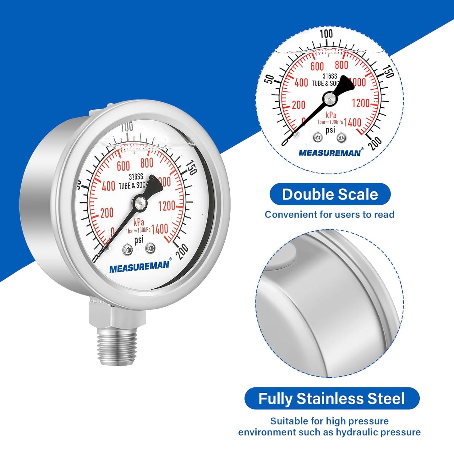 MEASUREMAN Fully Stainless Steel Hydraulic Glycerin Filled Pressure Gauge, 2-1/2" Dial Size,0-200psi/kpa,1/4" NPT Lower Mount