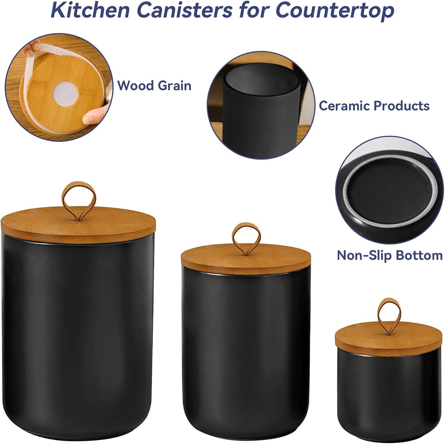 Ceramic Storage Jars, Modern Elegant Highly Polished Airtight Gorgeous Storage Canisters with Wooden Lid Small Food Stroage Jar for Kitchen Spice Tea Vanilla Sugar Coffee Beans (Black trumpet)