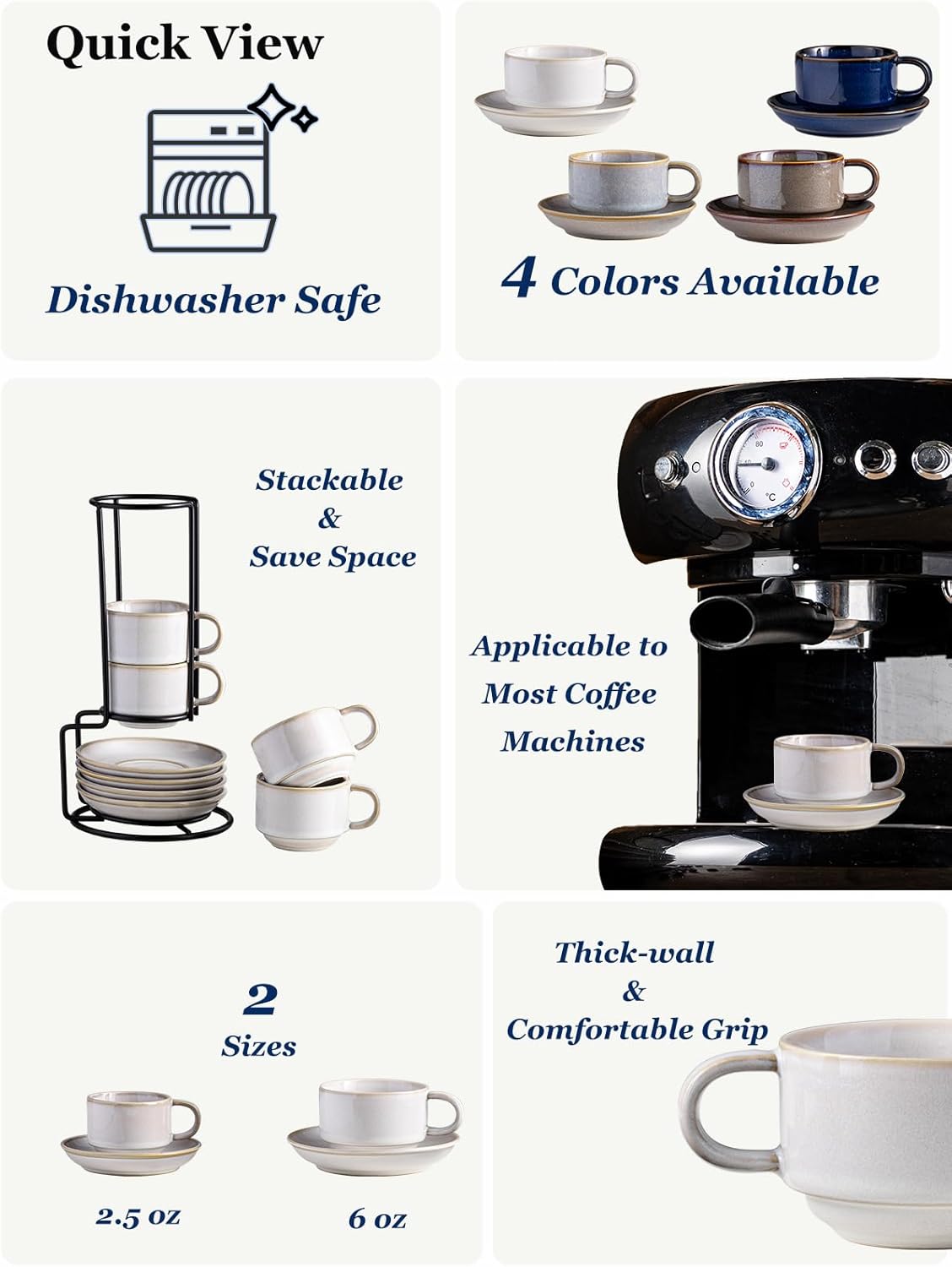 Gomakren 2.5 Ounce Espresso Cups Set of 4, Small Stackable Coffee Cups with Saucers and Metal Stand, Porcelain Demitasse Cups for Specialty Coffee Drinks, Espresso, Cappuccino, Latte, Tea, White