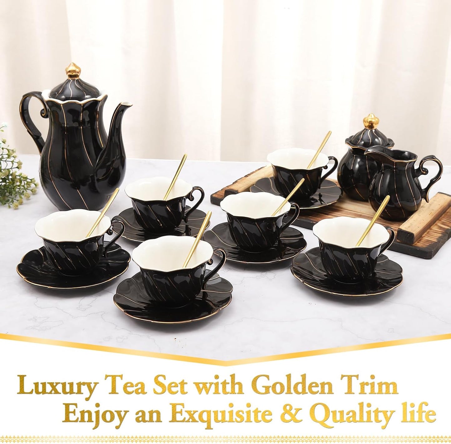 DUJUST 22 pcs Porcelain Tea Set for 6, Luxury British Style Tea/Coffee Cup Set with Golden Trim, Beautiful Tea Set for Women, Tea Party Set, Gift Package (Including a Stand) - Black