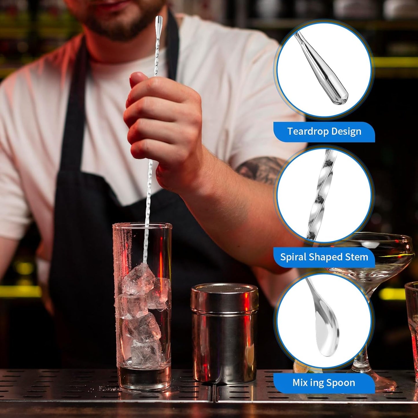 cobee 6 Pcs 15.7 In Cocktail Spoons, Stainless Steel Extra Long Bar Spoon Spiral Mixing Stirrer Drink Shaker Spoon for Tall Cups Cocktail Shaker(Silver)