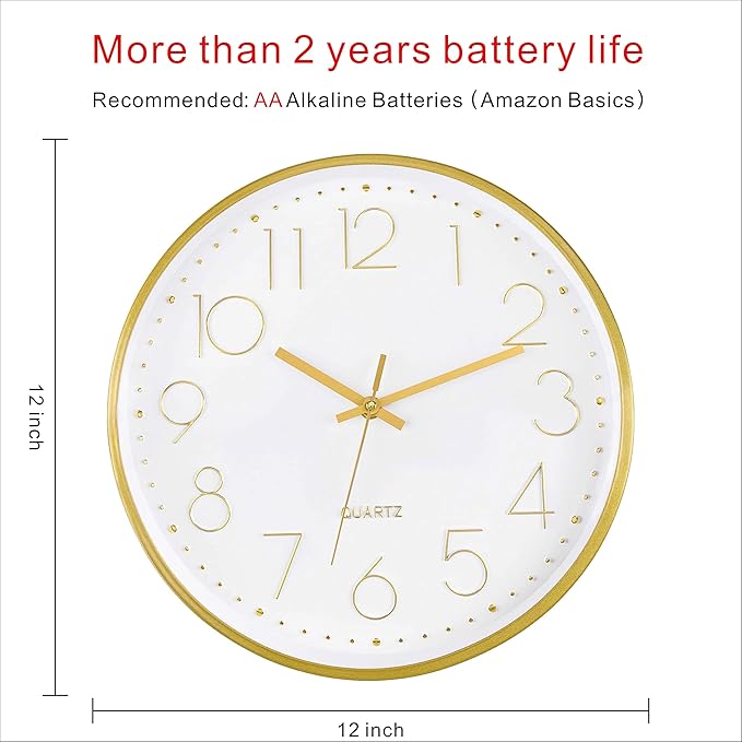 Foxtop Gold Wall Clock 12 Inch Silent Non-Ticking Battery Operated Round Quartz - Image 2