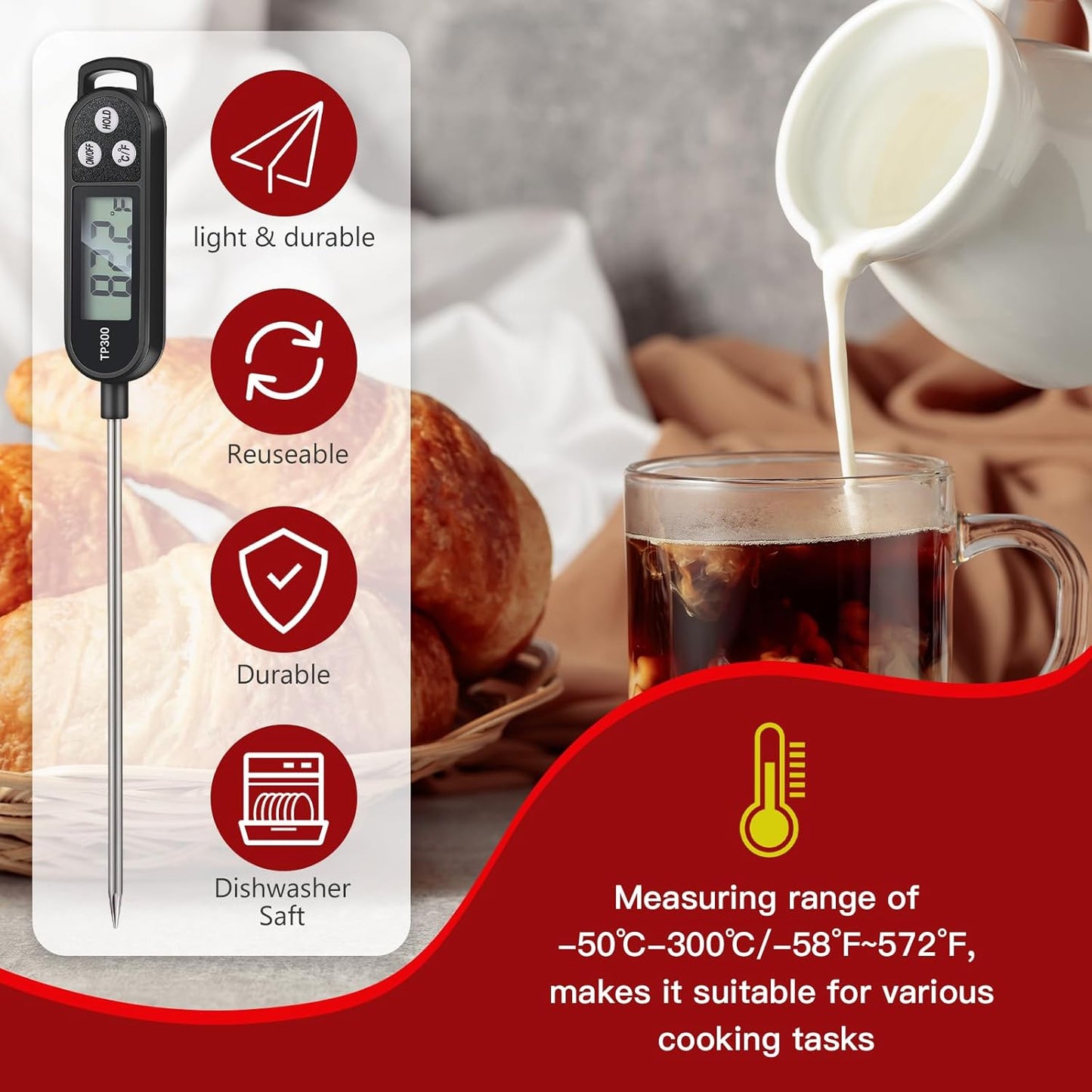 Waterproof Food Thermometer with Long Probe Digital Meat Thermometer for Water, Liquid, Candle and Cooking Instant Read for Kitchen BBQ Grill Candy(Black,White,Red)