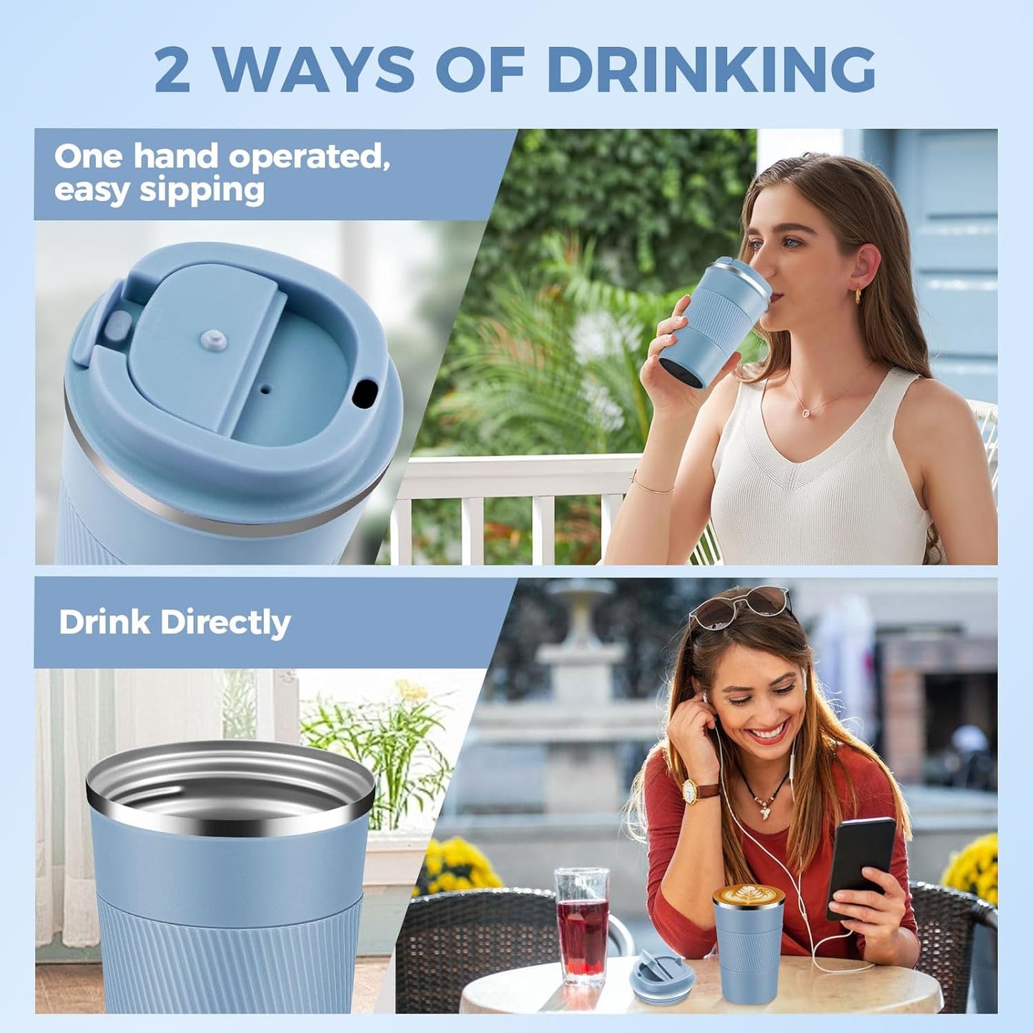 Volhoply 13 oz Stainless Steel Insulated Travel Coffee Mug with Fip Lid Bulk 2 Pack,Reusable Double Wall Vacuum Metal Coffee Cup,Portable Leak Proof Thermal Tumbler for Hot & Cold Drinks(Fog,2)