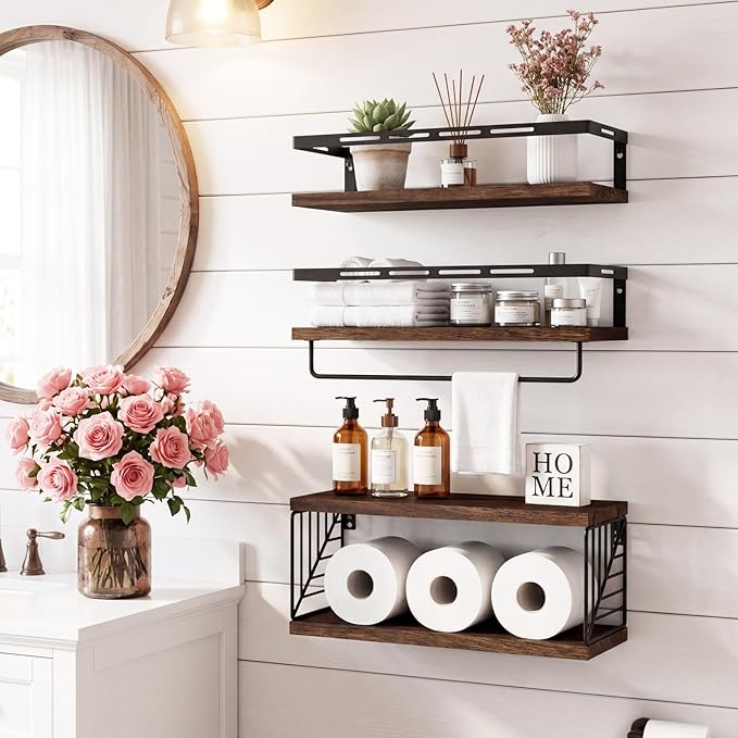 Fixwal Wall Mounted Bathroom Shelves Over Toilet, Rustic Wood Floating Shelves - Image 2