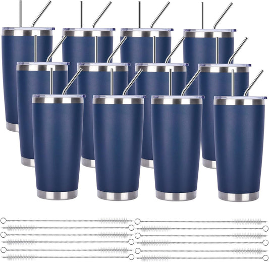Pandance 20oz Stainless Steel Insulated Tumblers with Lid and Straw Bulk, Double Wall Vacuum Water Cups for Hot & Iced Coffee Drinks Travel Mug (Navy Blue, 12 pack)