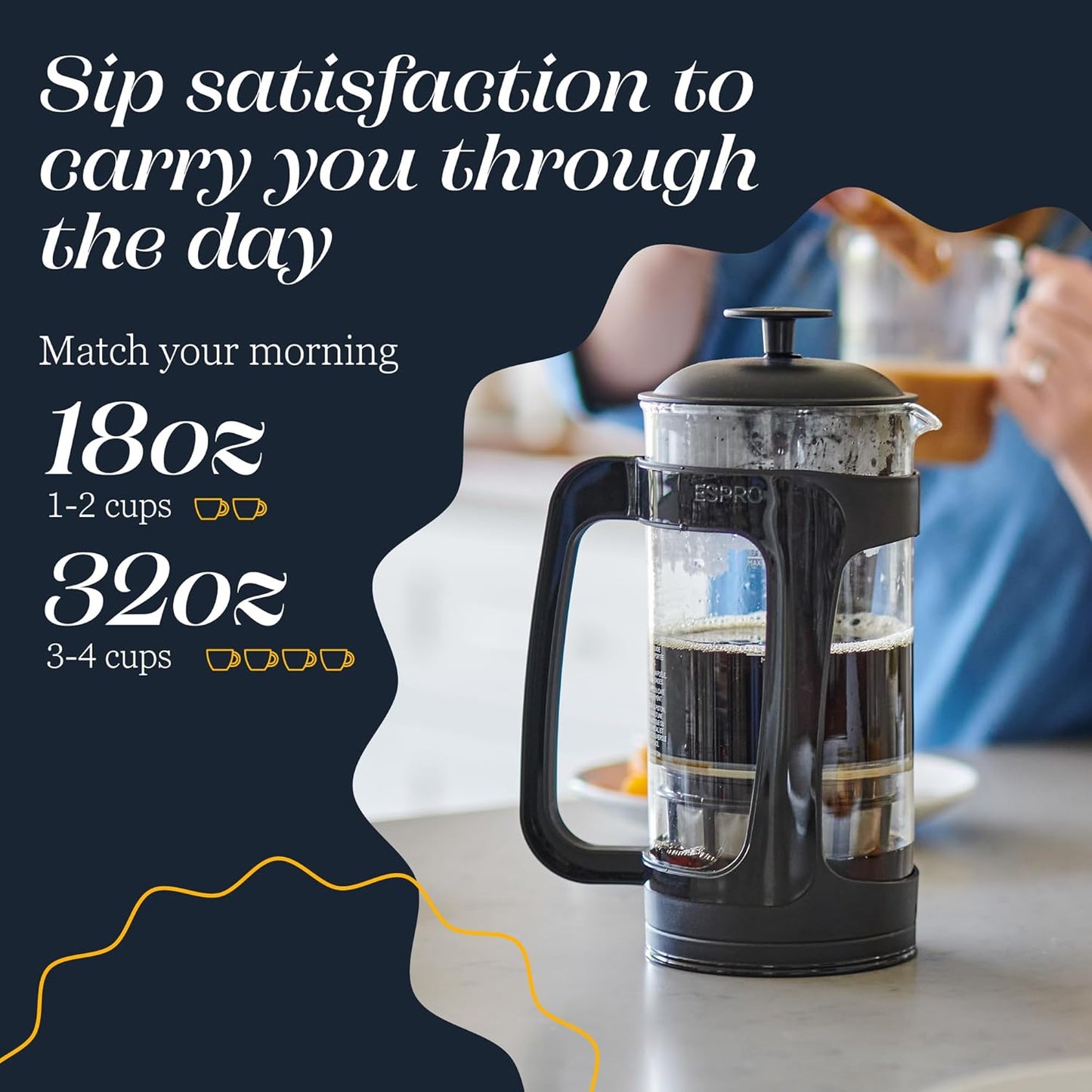 ESPRO - P3 French Press Coffee Maker – Patented Double Microfilter for Sludge and Grit Free Coffee, Black, 18 oz
