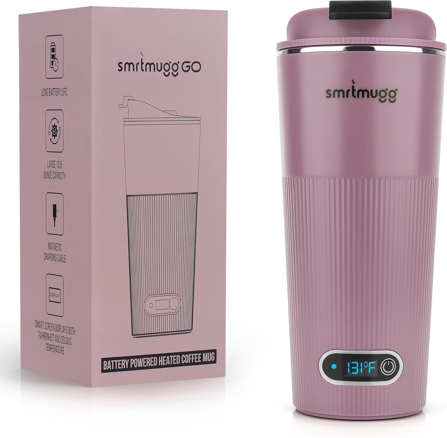 GO Heated Coffee Mug, Travel Mug, 13.5 OZ. Smart Mug, Battery Powered Heated Coffee Mug, Great for Coffee and Tea, Snap on Magnetic Charging Cord, New and Improved (Lilac)