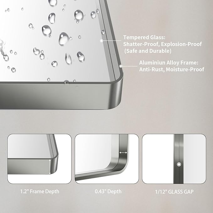 LOAAO 24X30 Inch Brushed Nickel Bathroom Mirror, Rounded Rectangle Silver Metal - Image 5