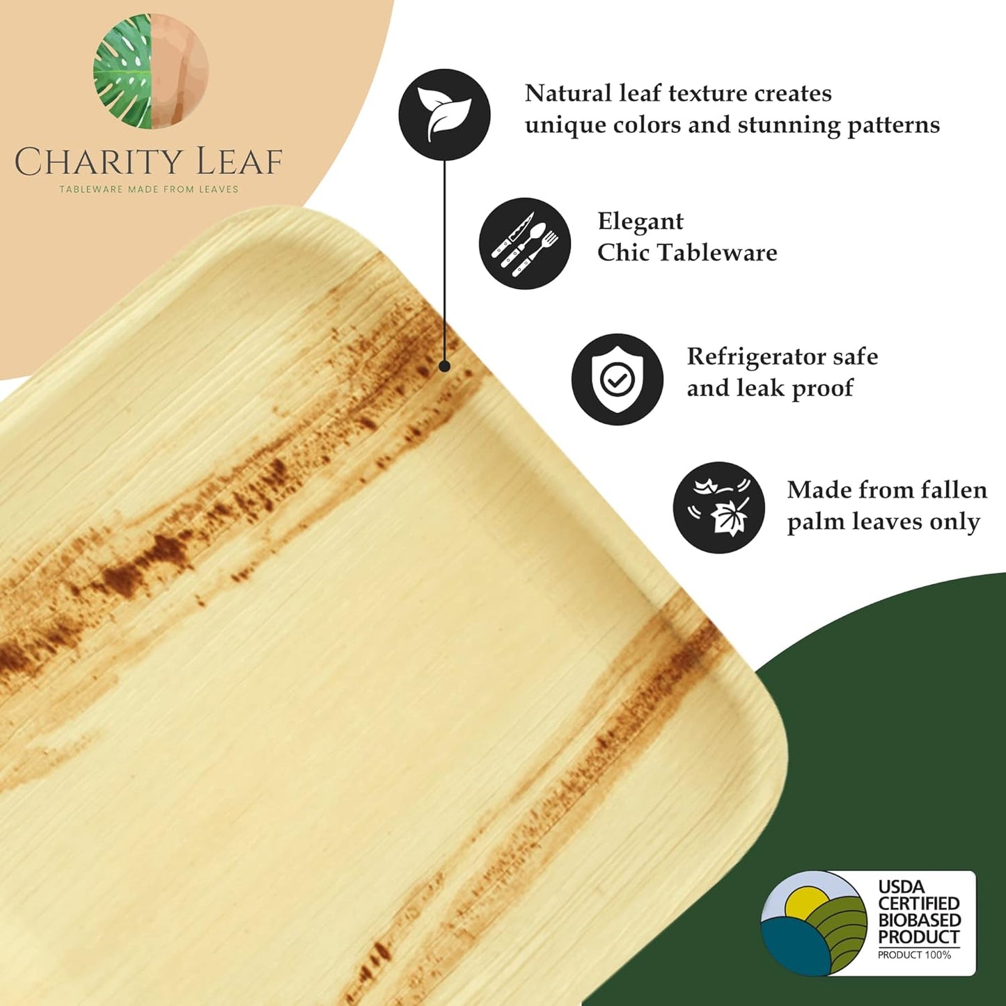 Charity Leaf Disposable Palm Leaf 12" x 10" Trays (10 pieces) Bamboo Like Serving Platters, Disposable Boards, Eco-Friendly Dinnerware For Weddings, Catering, Events