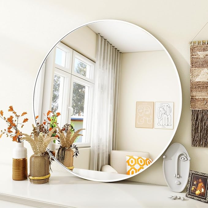 VooBang White Round Bathroom Mirror, 24 inch Circle Wall Mounted Hanging Mirror - Image 2