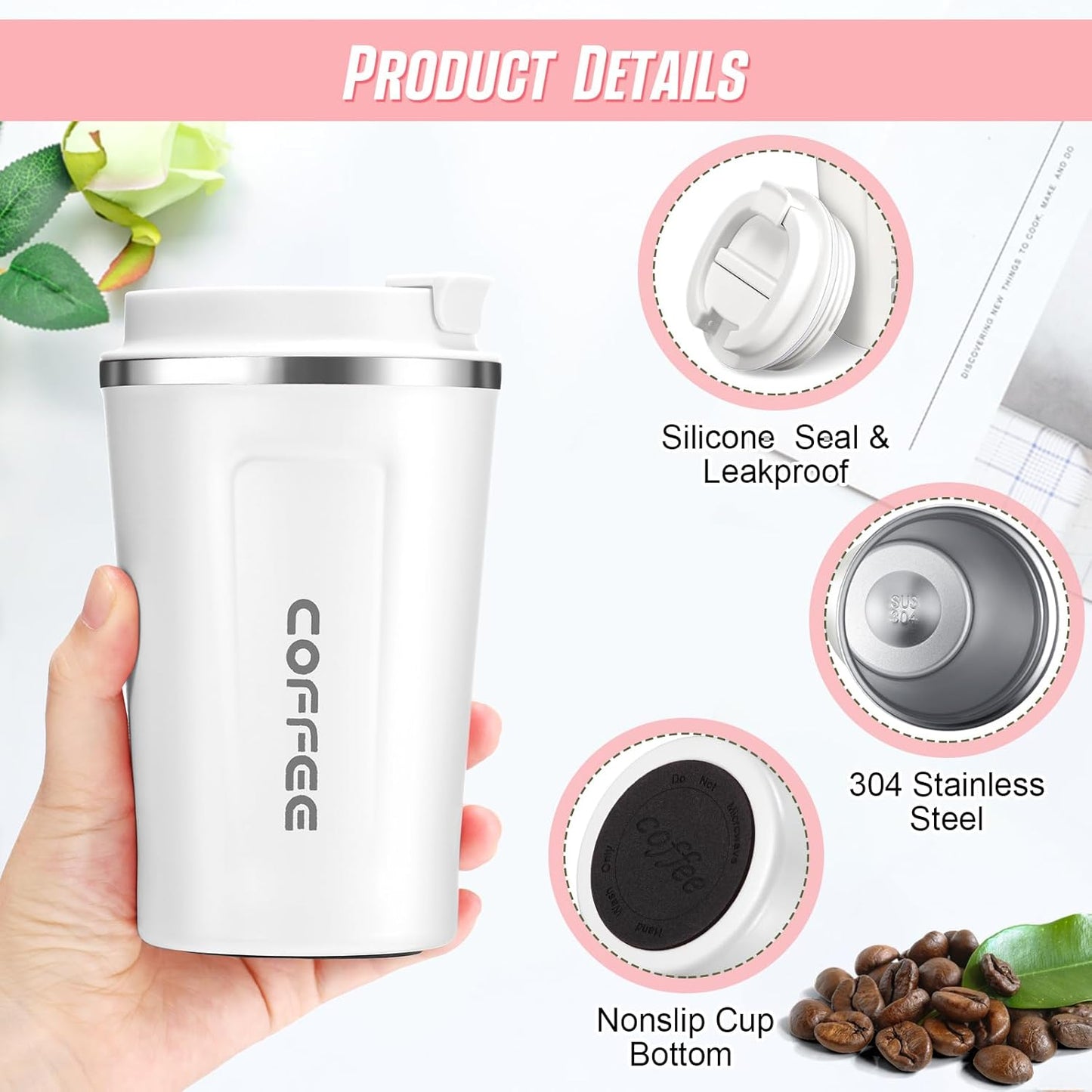 Sieral 4 Pcs 13 oz Travel Coffee Mug Insulated Reusable Coffee Cups with Leakproof Lid Stainless Steel Portable Tumbler for Keep Hot or Ice Milk Tea(White)