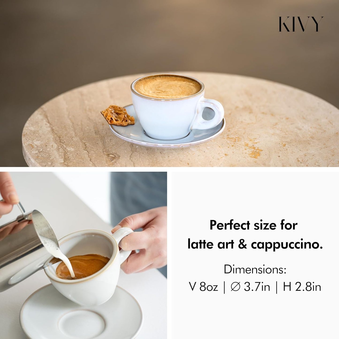 KIVY Cappuccino cups set of 4 [8oz] - Thick-walled stoneware cappuccino cup set for latte art - Latte mugs - Latte cups - Coffee mug - Latte art cup - Ceramic latte cup and saucer set of 4 - Blue