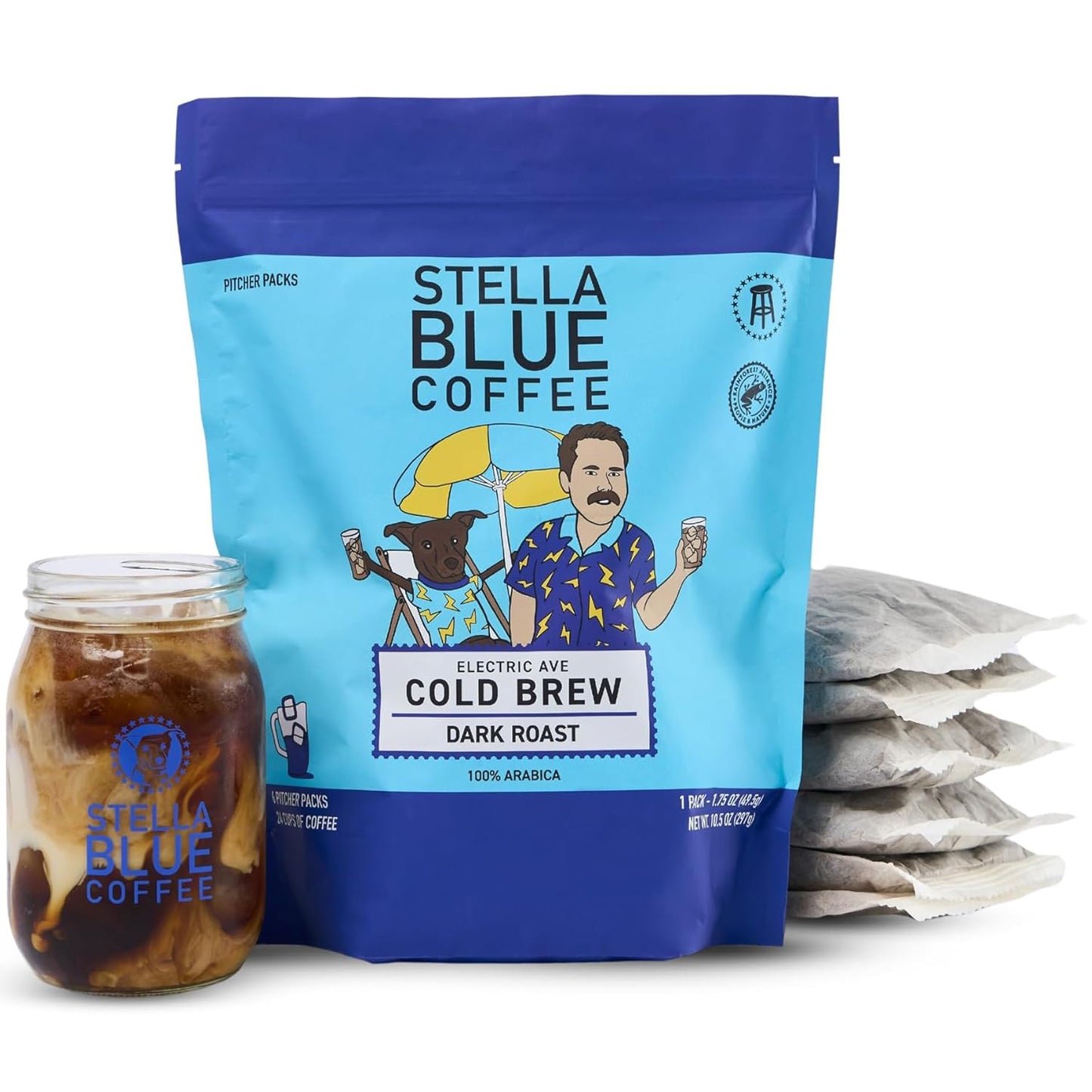 STELLA BLUE Fresh Cold Brew Coffee | Electric Avenue Blend | 100% Arabica Dark Roast | Bold Toffee and Dark Chocolate with Smoky Notes | 6 Brew Packets for Cold Brew | Makes 24 Smooth Bold Cups