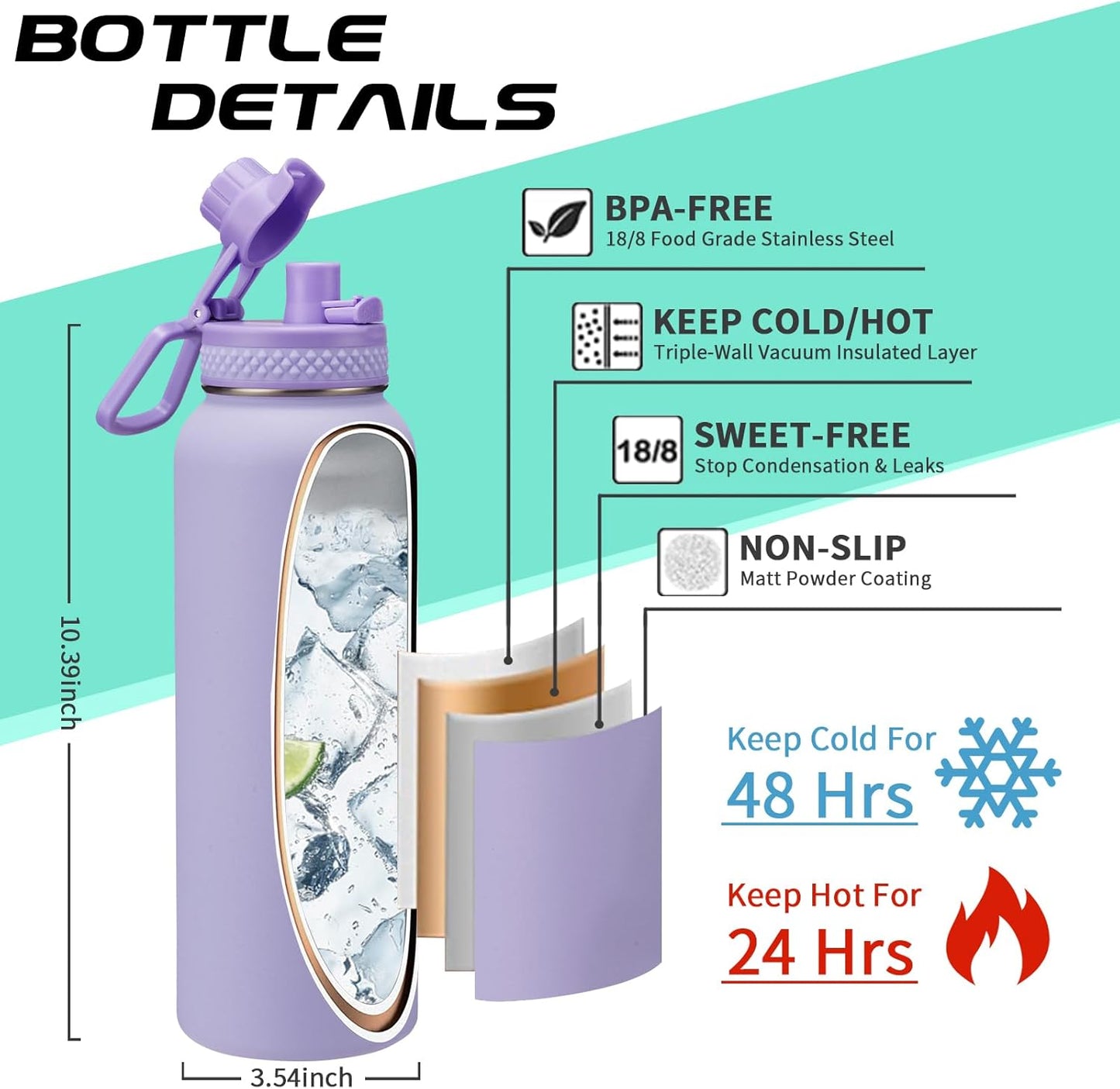 40 oz Water Bottle with Straw - Insulated Vacuum Water Flask with Straw & Auto Spout Lid, Paracord Handle & Carrying Pouch, Keep Cold 48H Hot 24H, Sweat-Proof Thermal Water Jug with Strap for Hiking