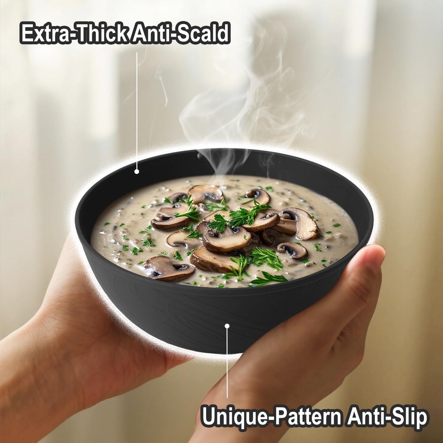 Black Cereal Bowls 40oz for Cereal Lover,Unbreakable Alternative Plastic Bowls Set of 6,Extra Thick Anti-Scald Bowl Sets suitable for Salad,Soup and Fruit.