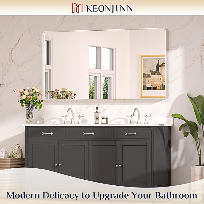 Keonjinn 55 x 30 Brushed Nickel Bathroom Vanity Mirror, Large Rounded Rectangle - Image 2