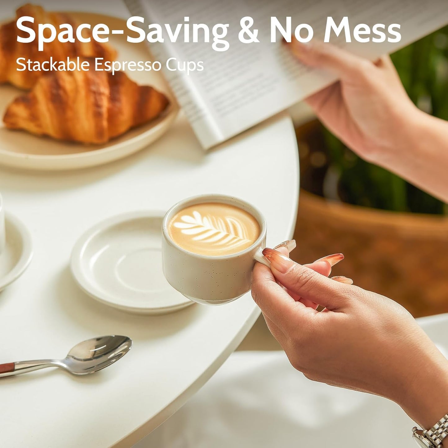 Sweese Porcelain Espresso Cups Set, 2.5 oz, with Saucers, Metal Stand, Stackable - Dove Grey, 4 Pack