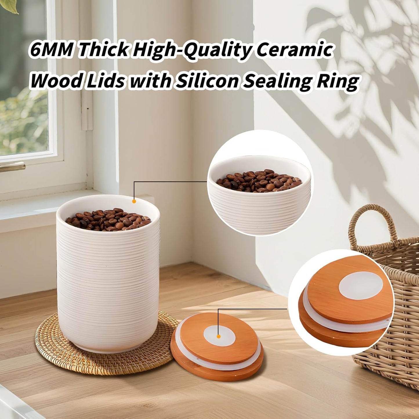 Food Storage Jar Strong Ceramic Storage Canisters with Airtight Wooden Lid,Kitchen Storage Containers for Serving Coffee Beans, Tea, Sugar, Salt, Spices (Big white)
