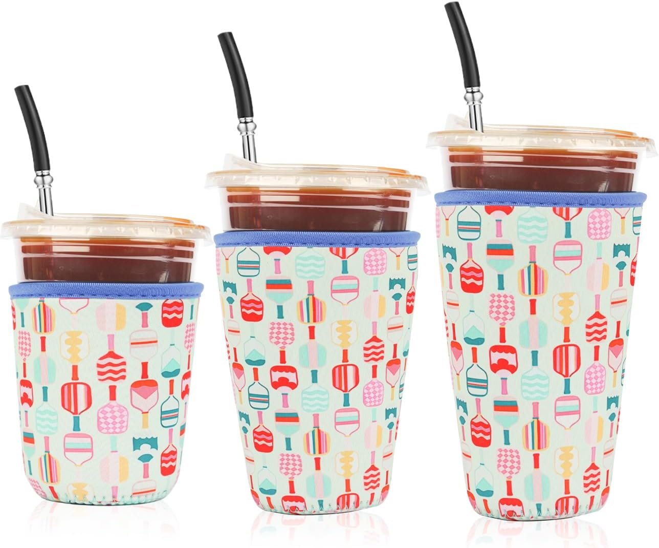 Reusable 3-Pack Iced Coffee Cup Sleeve, Insulated Neoprene, Beverage Holder for Iced Coffee, Durable Drink Sleeve for Cold Beverages, Pickleball Play