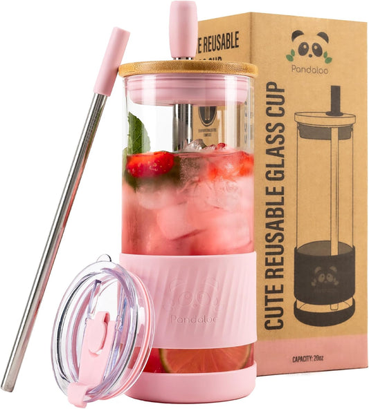Pandaloo® Glass Cups With Lids and Straws -20 Fl Oz- Perfect Size Iced Coffee Cup - Smoothie Cup With Bamboo Lid and On the go Lid - Glass Tumbler With Straw (1 Count (Pack of 1), Tender Pink)