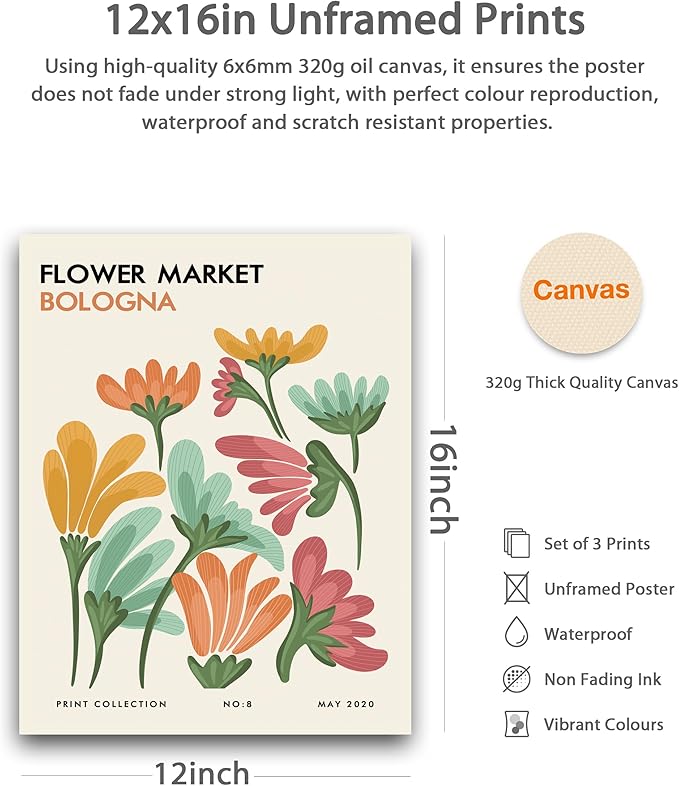 HesenDot Unframed Floral Wall Art Set of 3, 12x16in Flower Market Canvas Prints - Image 2