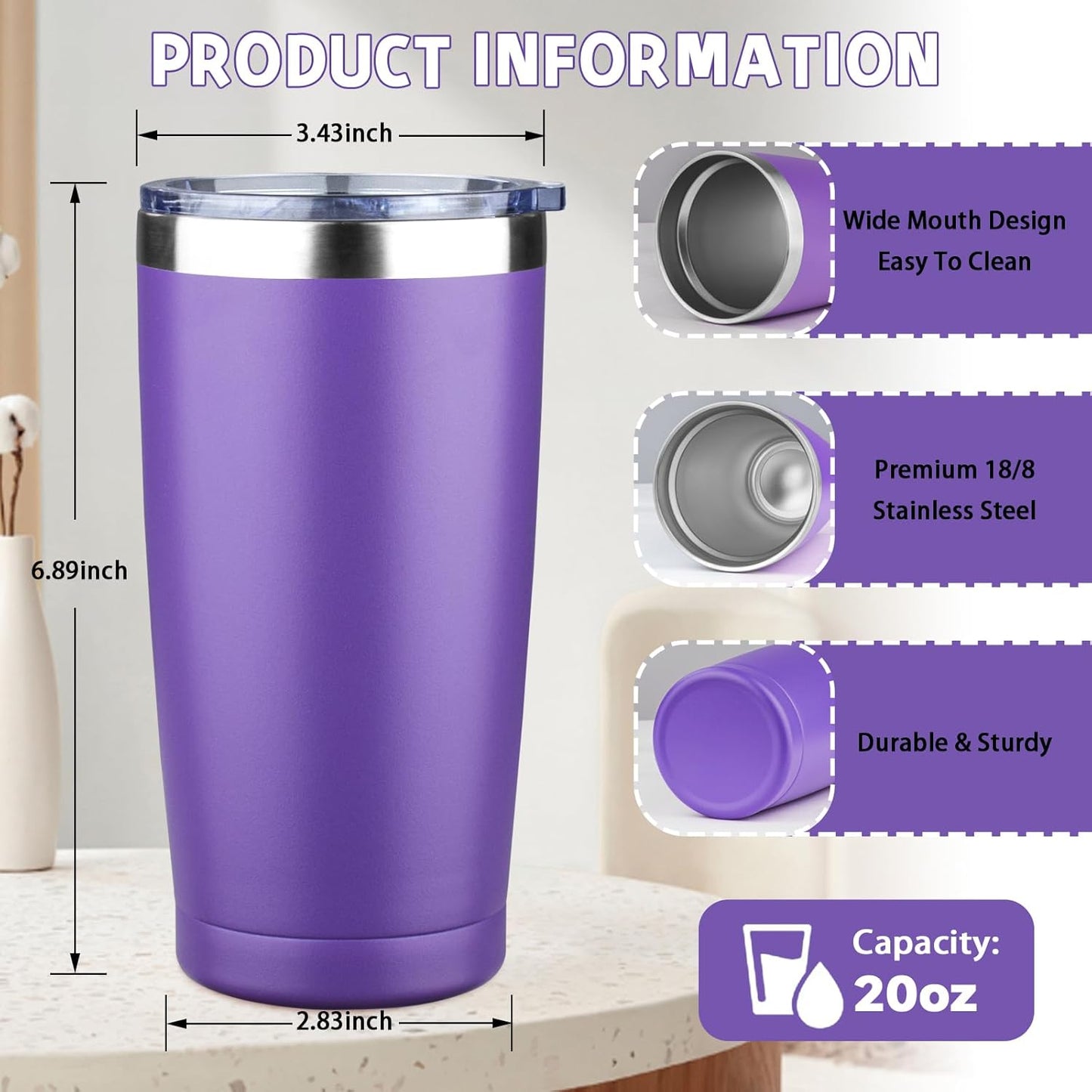 20 oz Tumbler with Lids and Straws, Stainless Steel Insulated Coffee Tumbler, Double Wall Vacuum Insulated Travel Mug Cup, Leakproof Thermal Coffee Cup for Hot and Cold Drinks (purple)