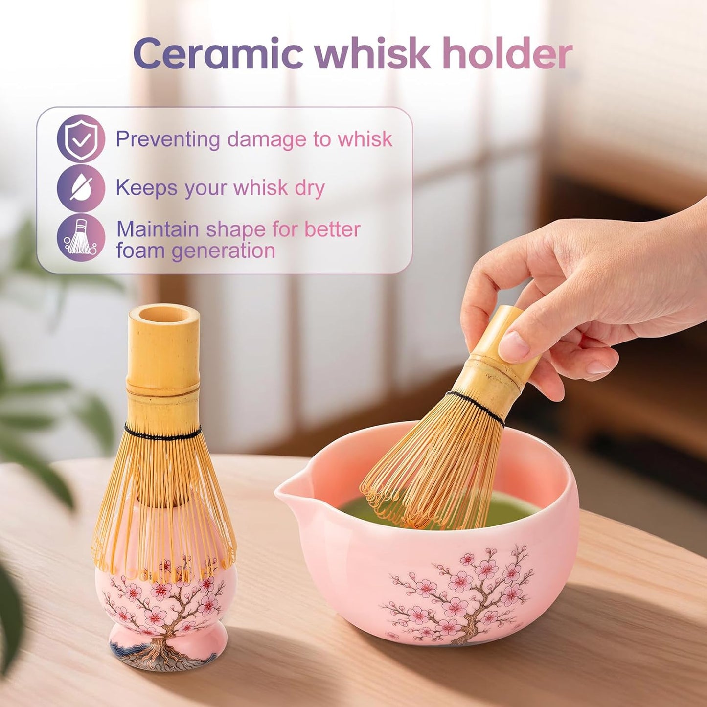 DELLAN Matcha Whisk Set, Cherry-Blossom Matcha Set Making Kit Includes Ceramic Matcha Bowl, Whisk and Holder, Bamboo Scoop, Scoop Rest, Sifter, Greeting Card and Tea Towel - 8 Pcs Matcha Set Pink