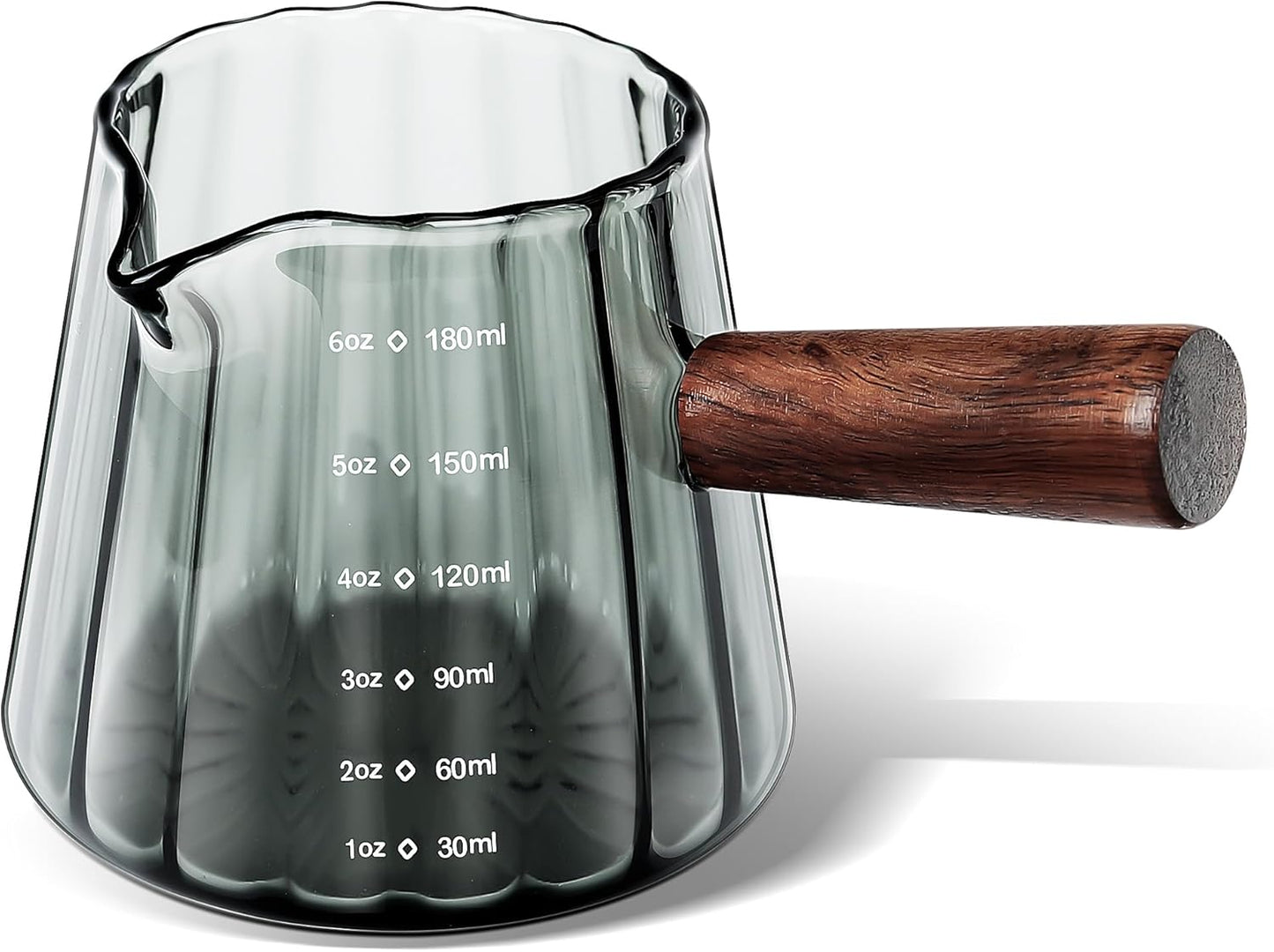 Joeyan 6 oz Grey Glass Measuring Cups with Spout,Borosilicate Glass Triple Pitcher with Scale,Origami Style Espresso Shot Glasses with Wood Handle for Coffee Milk,Dishwasher Safe