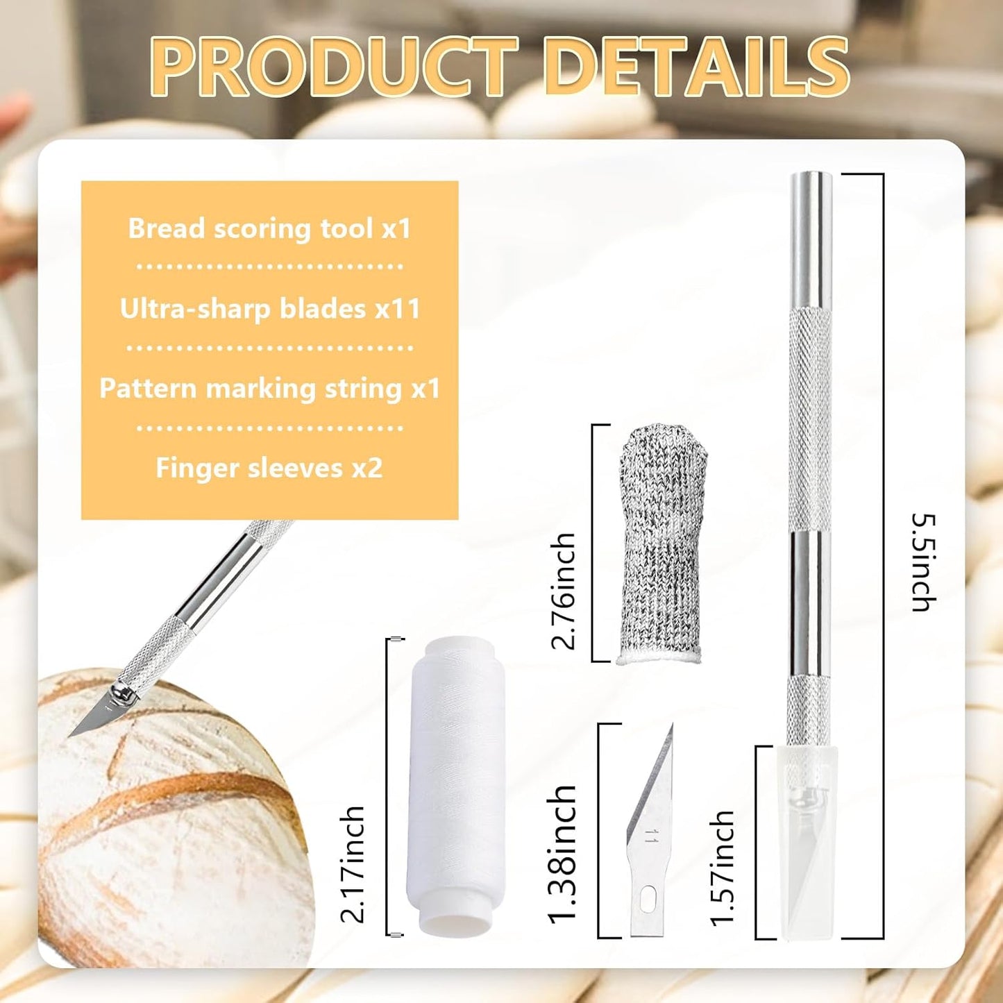 Premium Bread Lame Scoring Tool Kit,11 Blades,Stainless Steel Handle,Safety Cover with 2 Finger Sleeves Pattern String for Artisan Sourdough Baking,Scoring Knife for Bread Baking