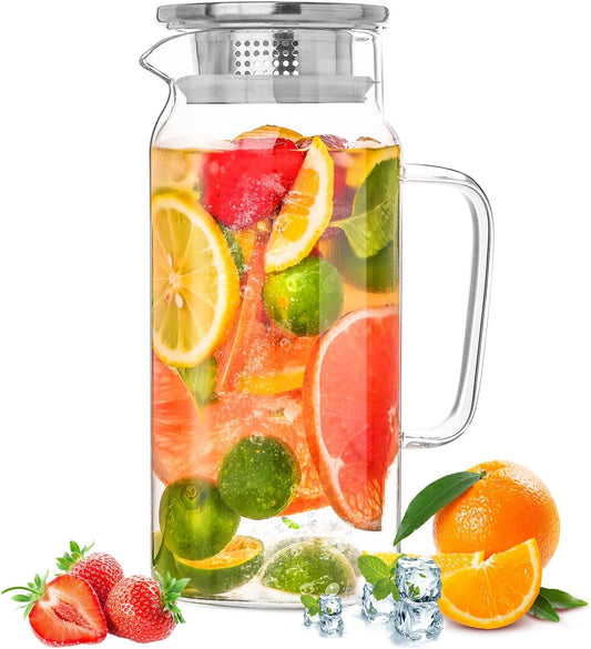 Glass Pitcher with Lid, 1200ml Leak Proof,Glass Water Jugs, BPA-Free,Microwave & Dishwasher Safe Pitcher,Sun & Iced Tea, Sangria,Cold Brew Coffee & More