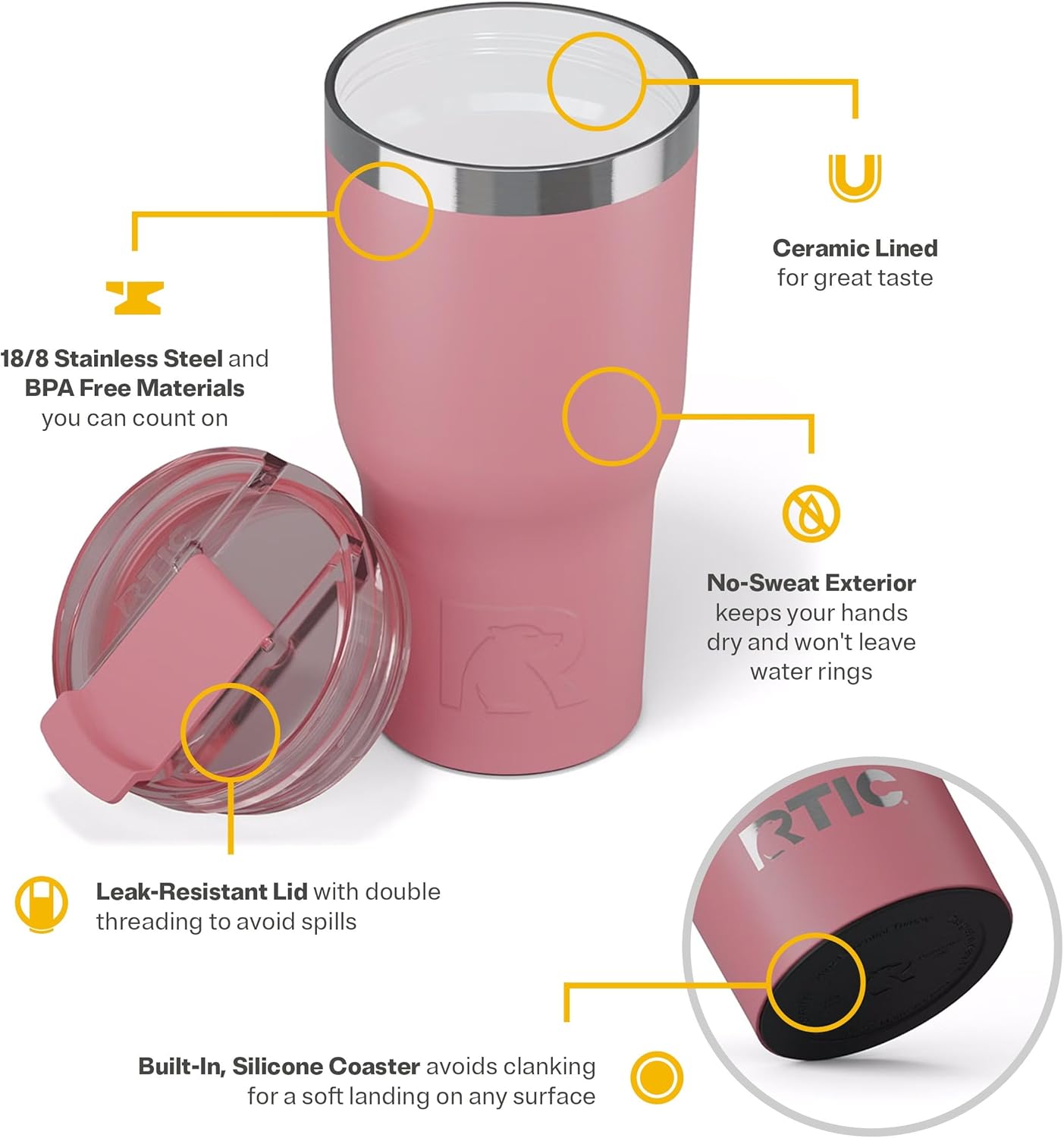 RTIC 20oz Essential Tumbler with Lid, Insulated, Stainless Steel, Metal, Double Wall Vacuum-Insulation, Ceramic Lined, Travel Cup for Iced Coffee, Tea, Hot and Cold Drink, Dusty Rose
