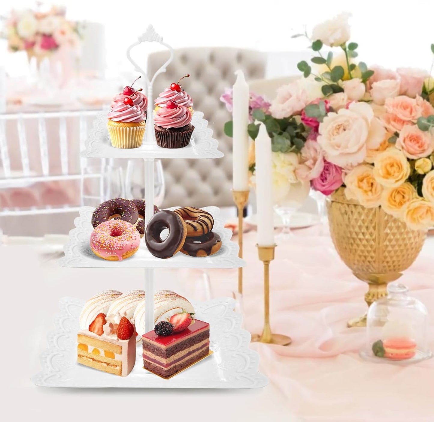 3 Tier Cupcake Stand, Durable Plastic 3 Tier Serving Tray for Cupcake, Fruit, Chocolate, Cookies, Square White Embossed Tiered Tray Stand for Wedding, Baby Shower, Party