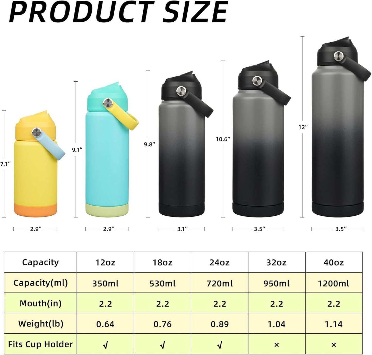 BJPKPK Insulated Water Bottle with Straw Lid, 40oz Large Thermos, BPA Free Leak Proof Stainless Steel Metal Water Bottles, Tumblers, Cups, Flasks for Travel, Sports,Black Grey