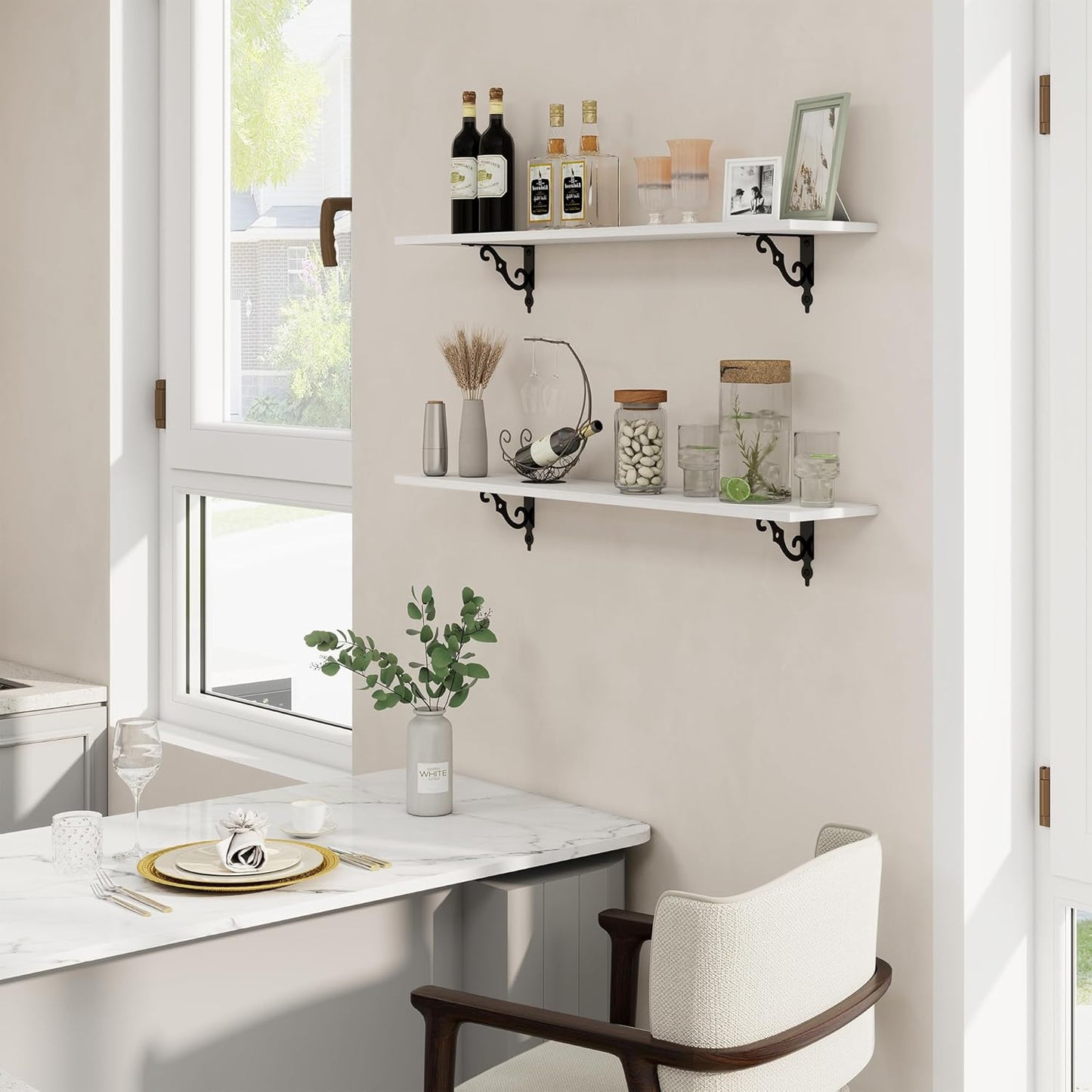 RICHFOCUS Floating Shelves for Wall Decor, 39.4W x 8D Wall Shelves Set of 2, 8 Inch Deep Rustic Wood Shelves Wall Mounted with Brackets, Long Floating Shelves for Living Room Bedroom Kitchen, White