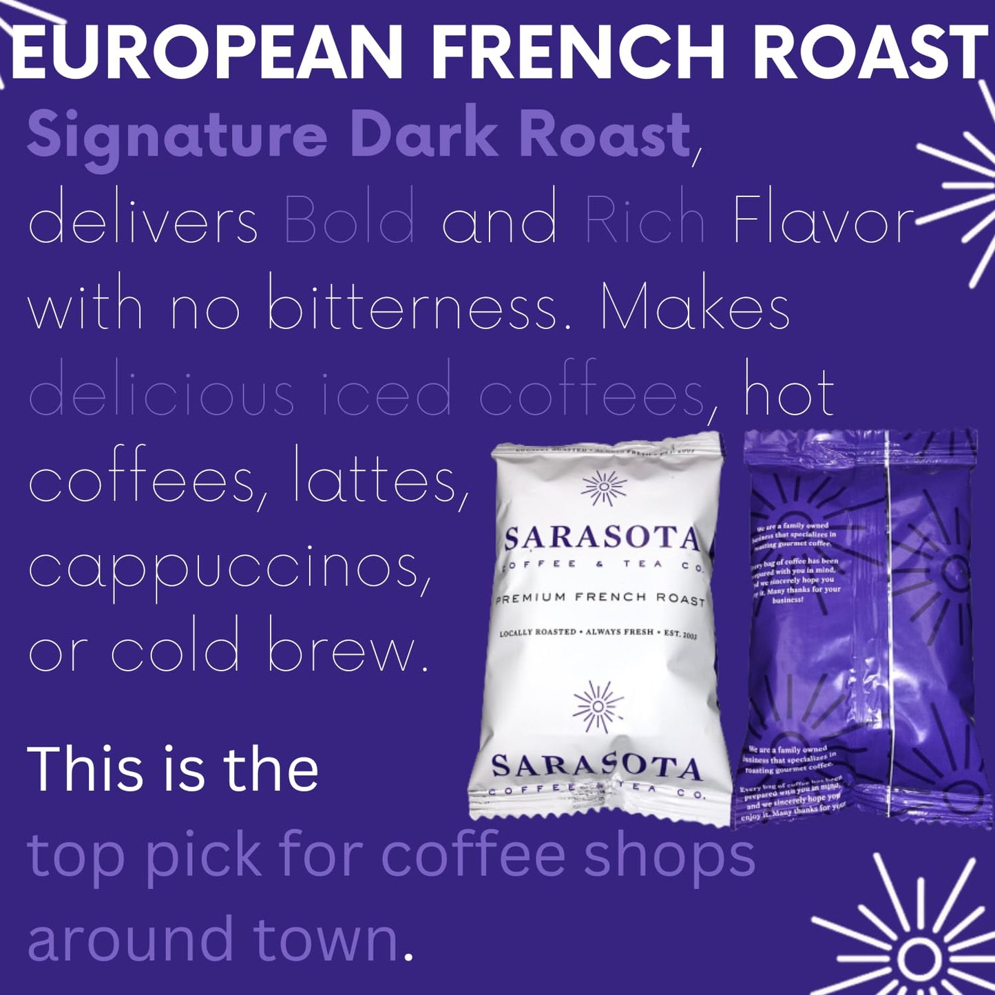 Sarasota Coffee Ground Packets | Low Acid Dark Roast Ground Coffee Packs | European French Roast | Mold Free Coffee Singles Packets | Ground Coffee Pouches | Individual Coffee Packets for 12 Cup Coffee Maker | 2 Ounce Bags, 36 Count