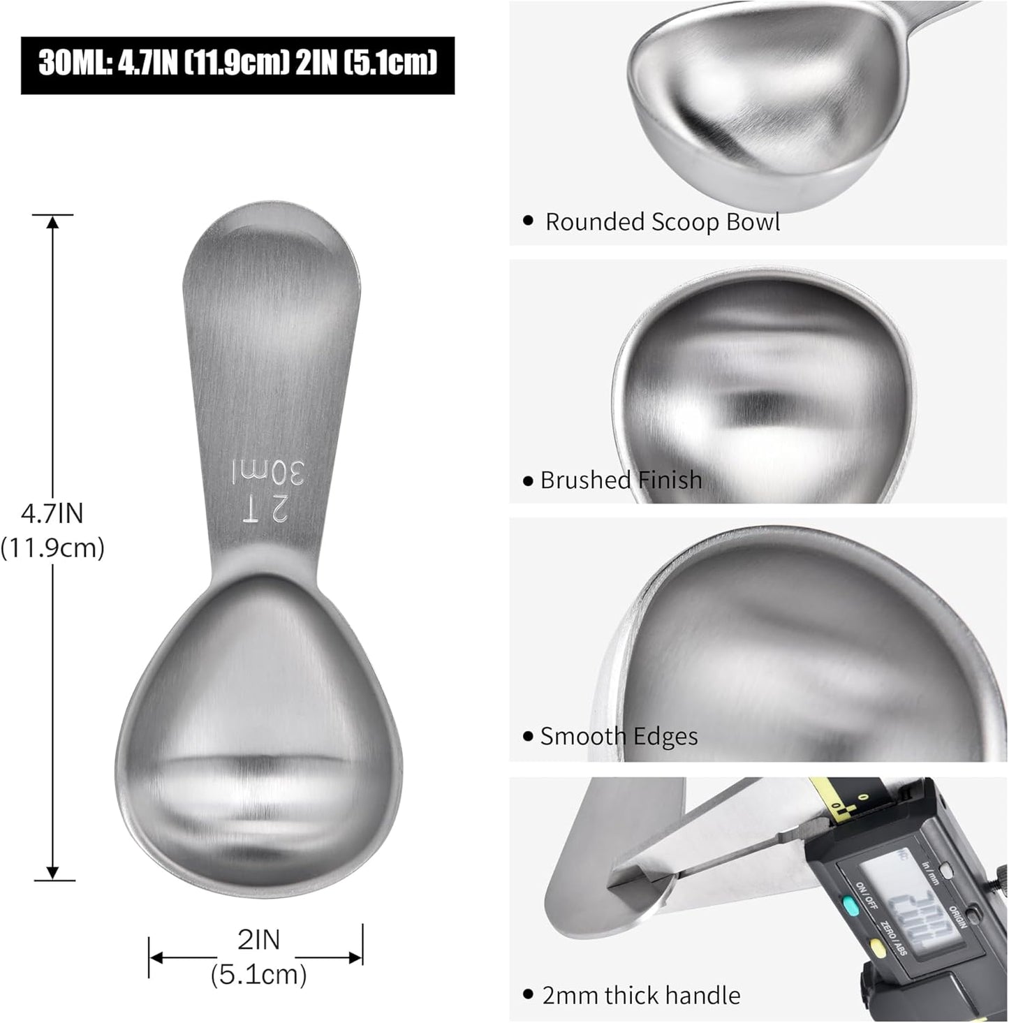 Doosu 2 Tablespoon Coffee Scoop - 18/8 Stainless Steel Heavy Duty Measuring Spoon with Short Handle, Food Grade Metal Tbsp Scoop for Ground Coffee Beans Tea Sugar Powder (30ml)