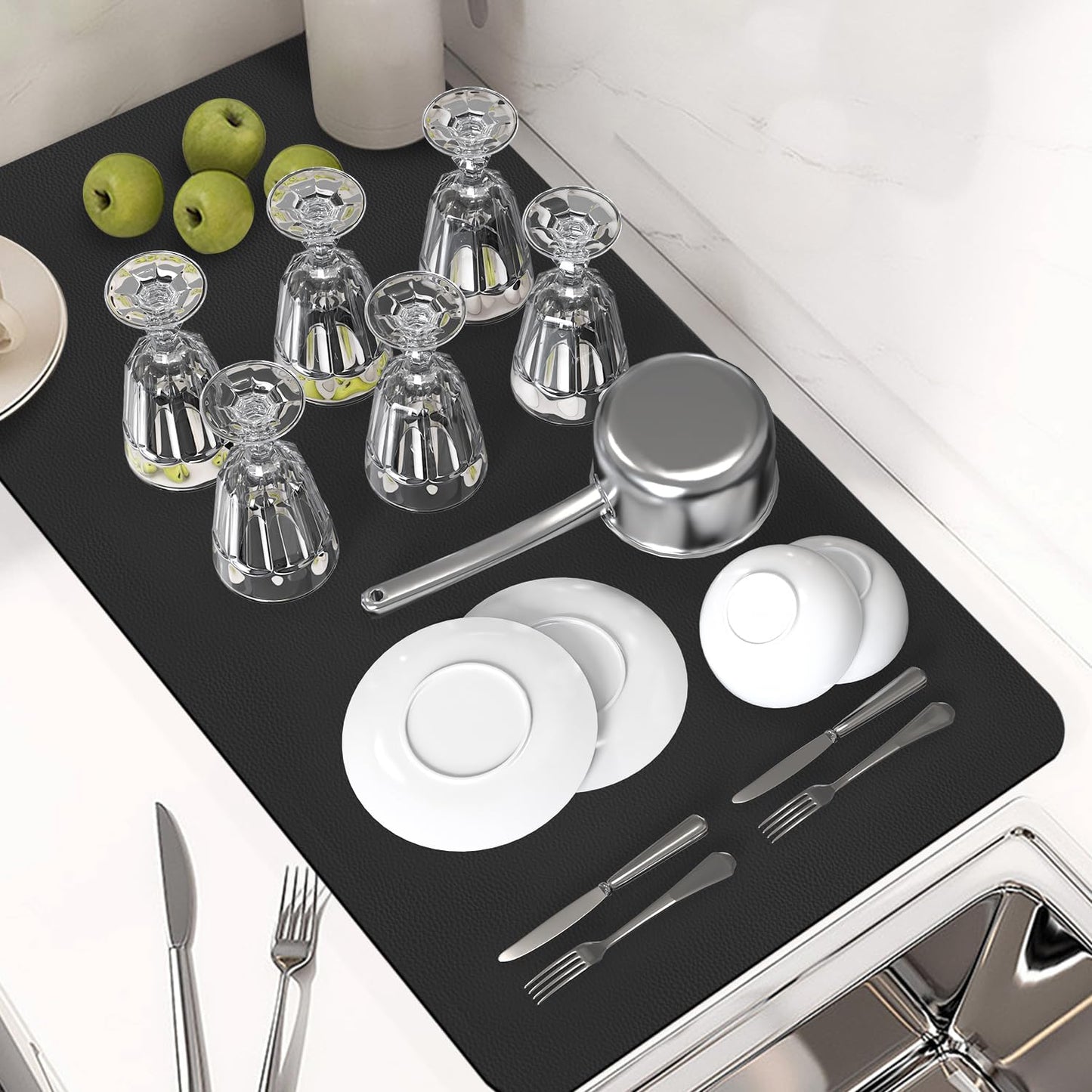 PoYang 31.5"x17" Coffee Mat X-Large, Coffee Bar Accessories for Countertop, Absorbent Dish Drying Mat, Anti-Slip and Hide Stain Pad for Espresso Machine, Espresso Maker and Kitchen Counter, Black